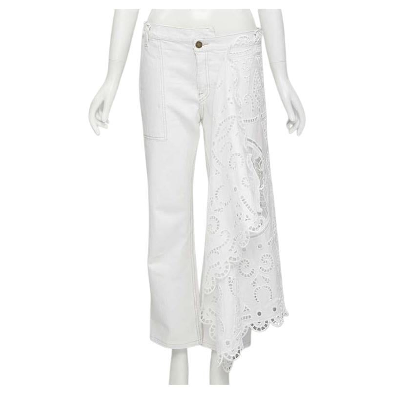 MONSE white denim cotton embroidery anglais draped trim straight leg jeans US2 S For Sale