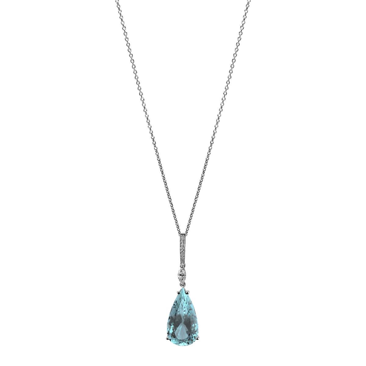 This sleek pendant necklace is crafted in 19.2K white gold and set a 11.04 carat drop shape aquamarine and diamonds. You will feel that are wearing a water like drop pendant.
This piece has been designed by Monseo and manufactured by Monseo artisans