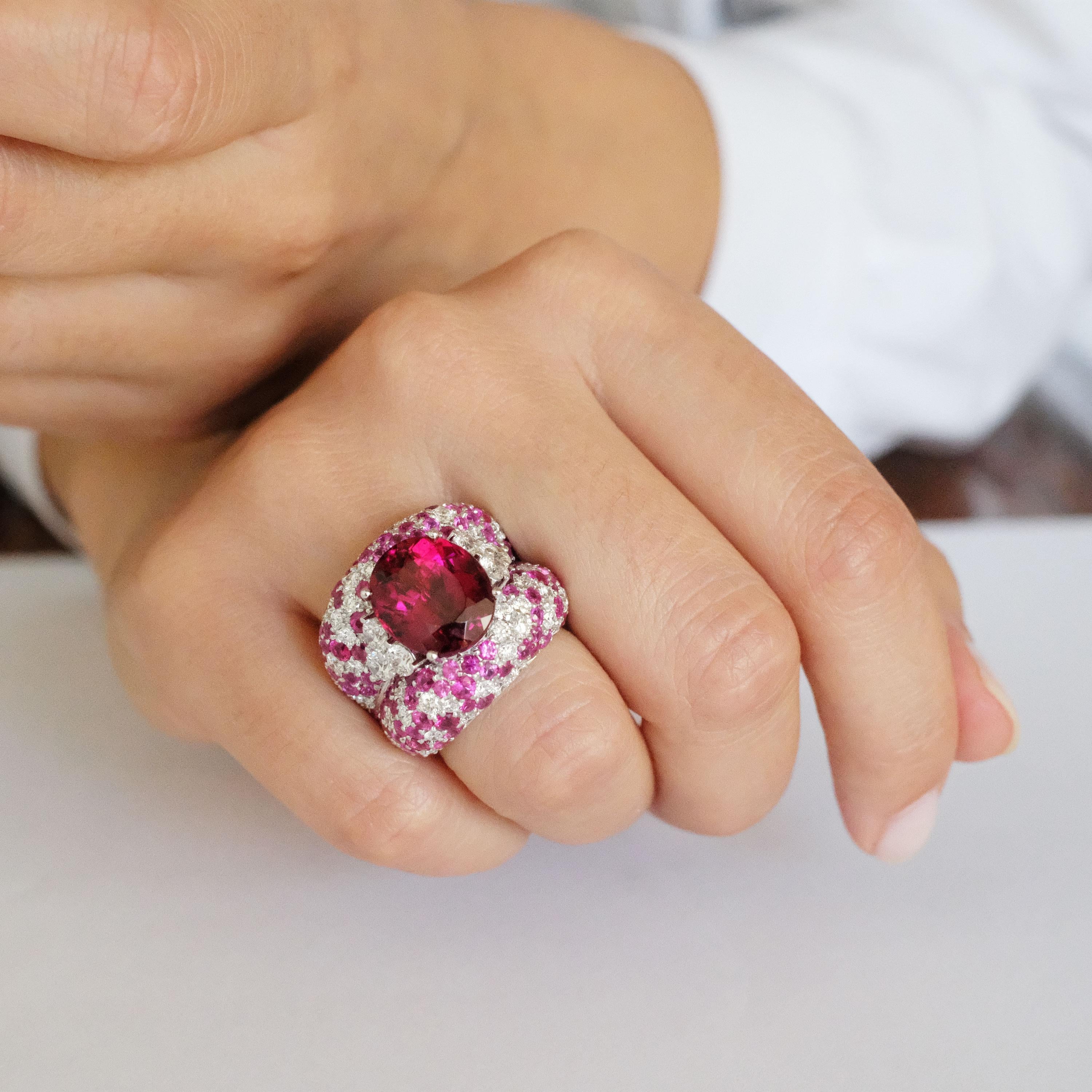 Contemporary Monseo 9.97 Carat Rubellite, Pink Sapphire and Diamond Cocktail Ring For Sale