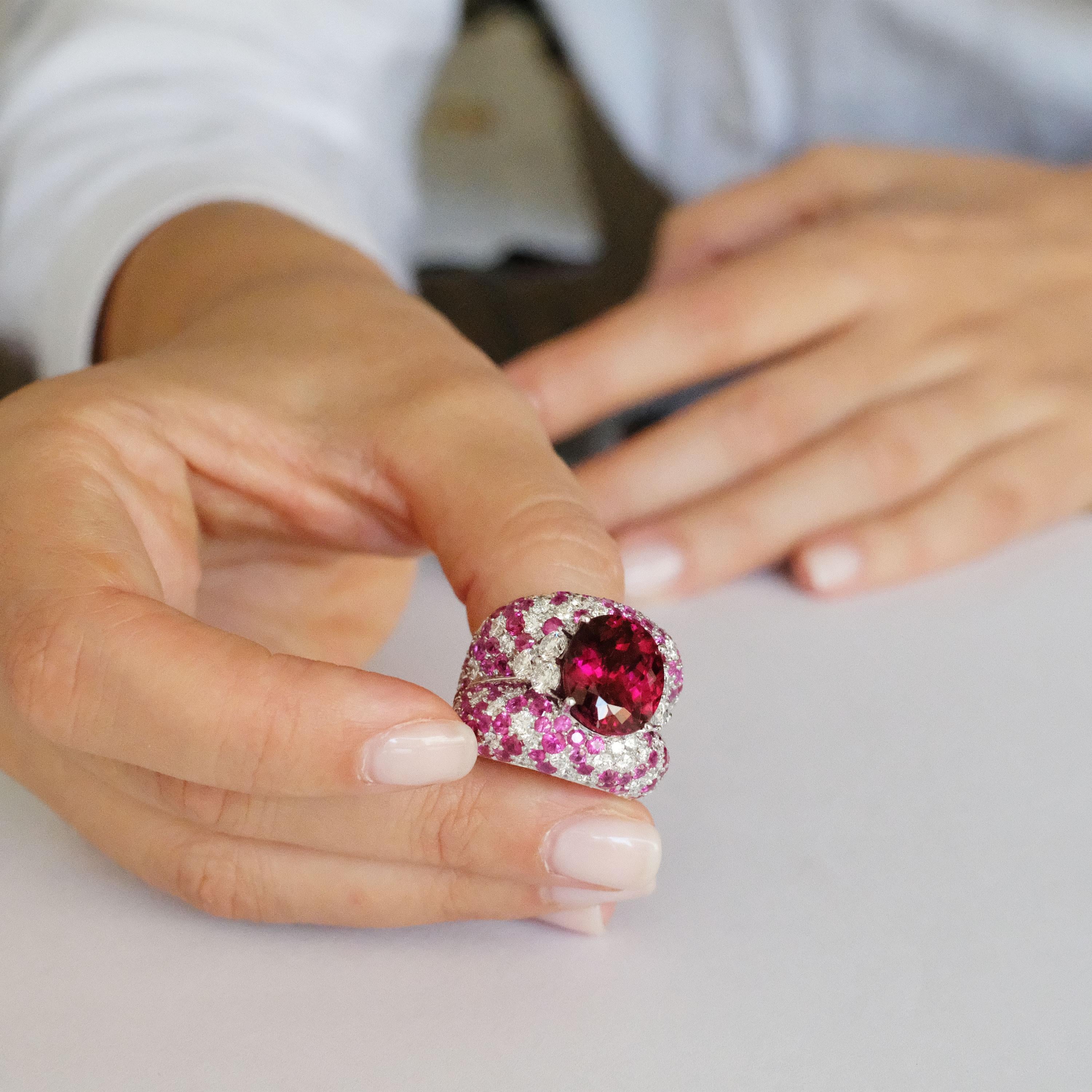 Women's Monseo 9.97 Carat Rubellite, Pink Sapphire and Diamond Cocktail Ring For Sale