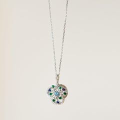 Monseo Blue Topaz, Blue Sapphire, Tsavorite and Diamond Flower Gold Necklace