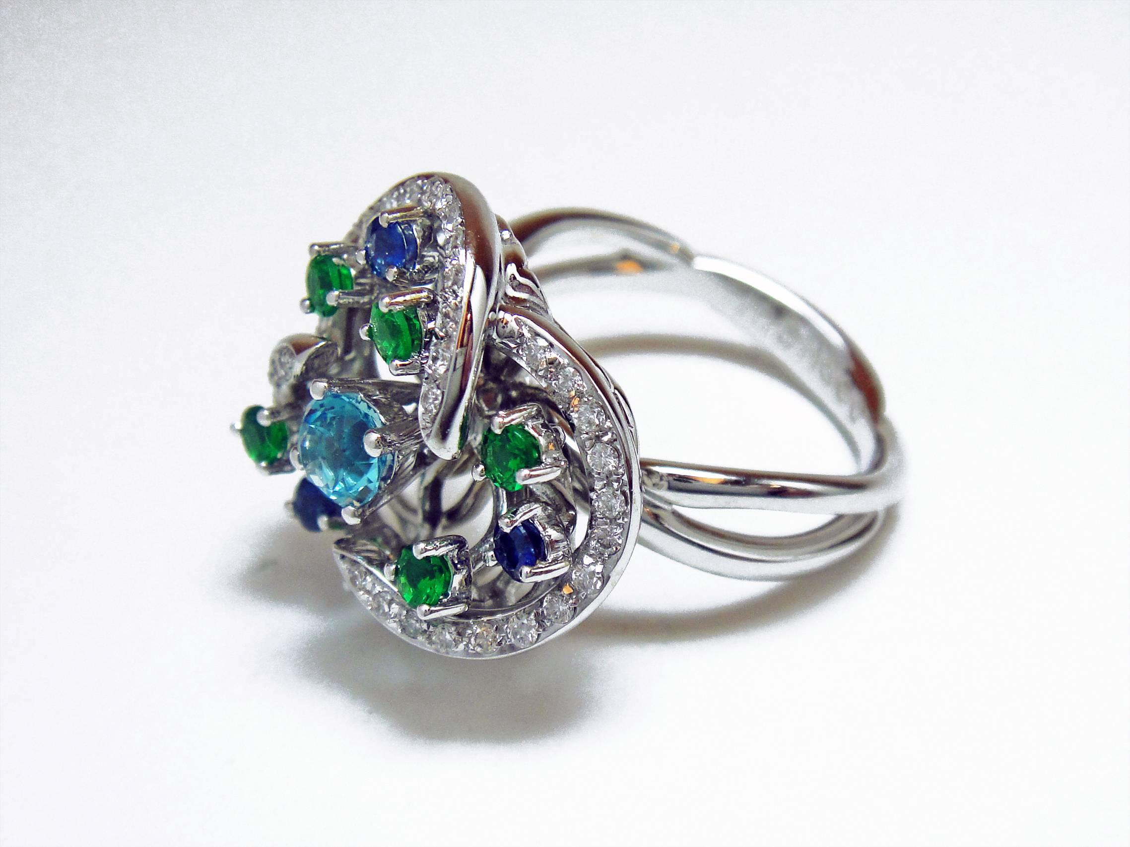 Monseo Blue Topaz, Tsavorites, Sapphires and Diamond Floral White Gold Ring In New Condition For Sale In Porto, PT