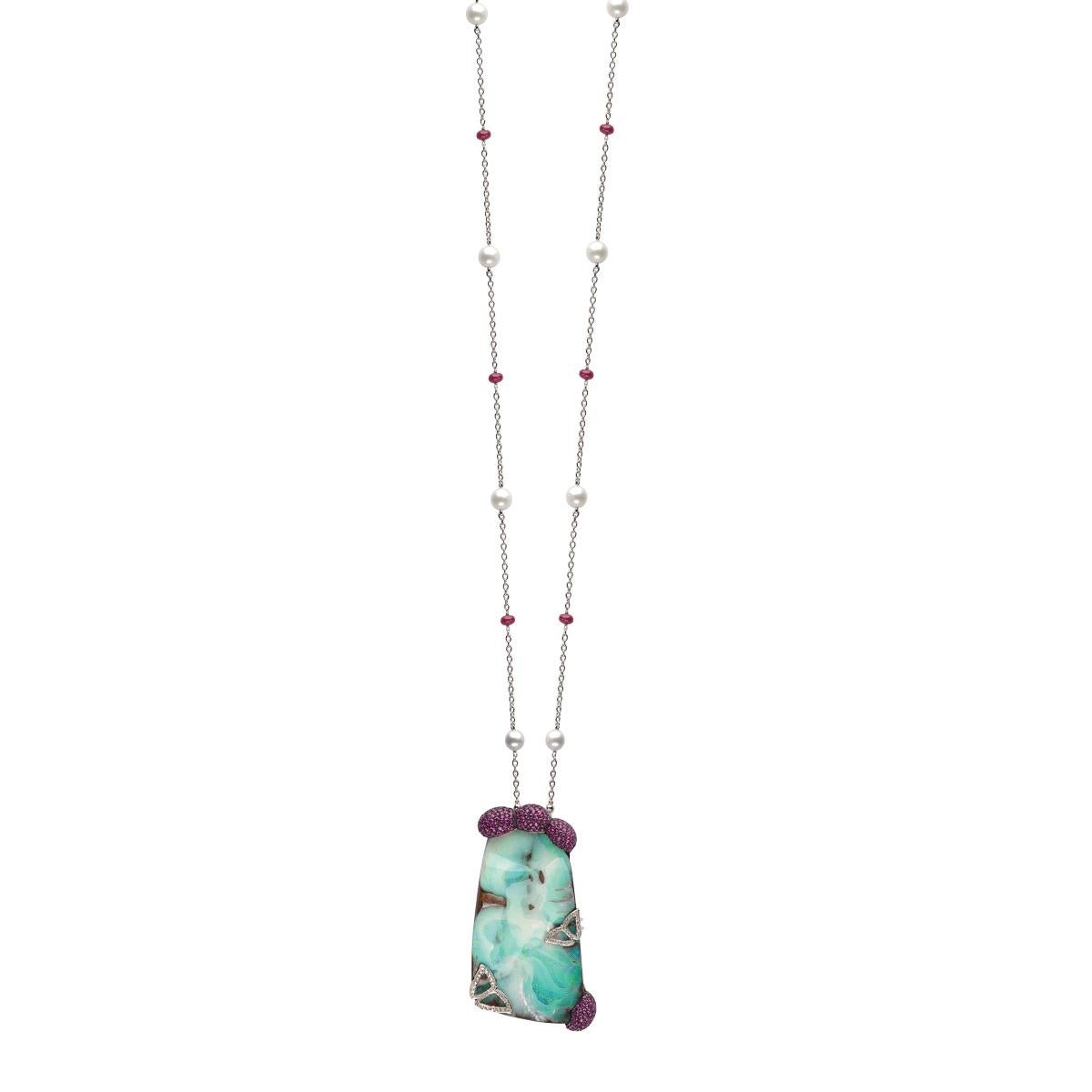 Modern Monseo Boulder Opal, Rubies and diamonds Gold Long Necklace  For Sale