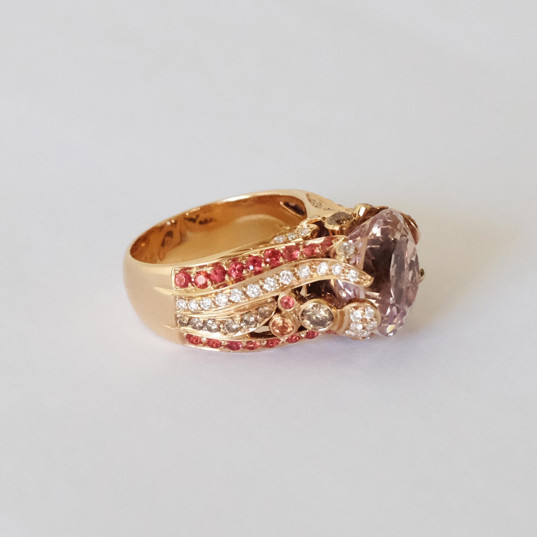 Contemporary Monseo Kunzite, Orange Sapphires and Diamond Ring For Sale