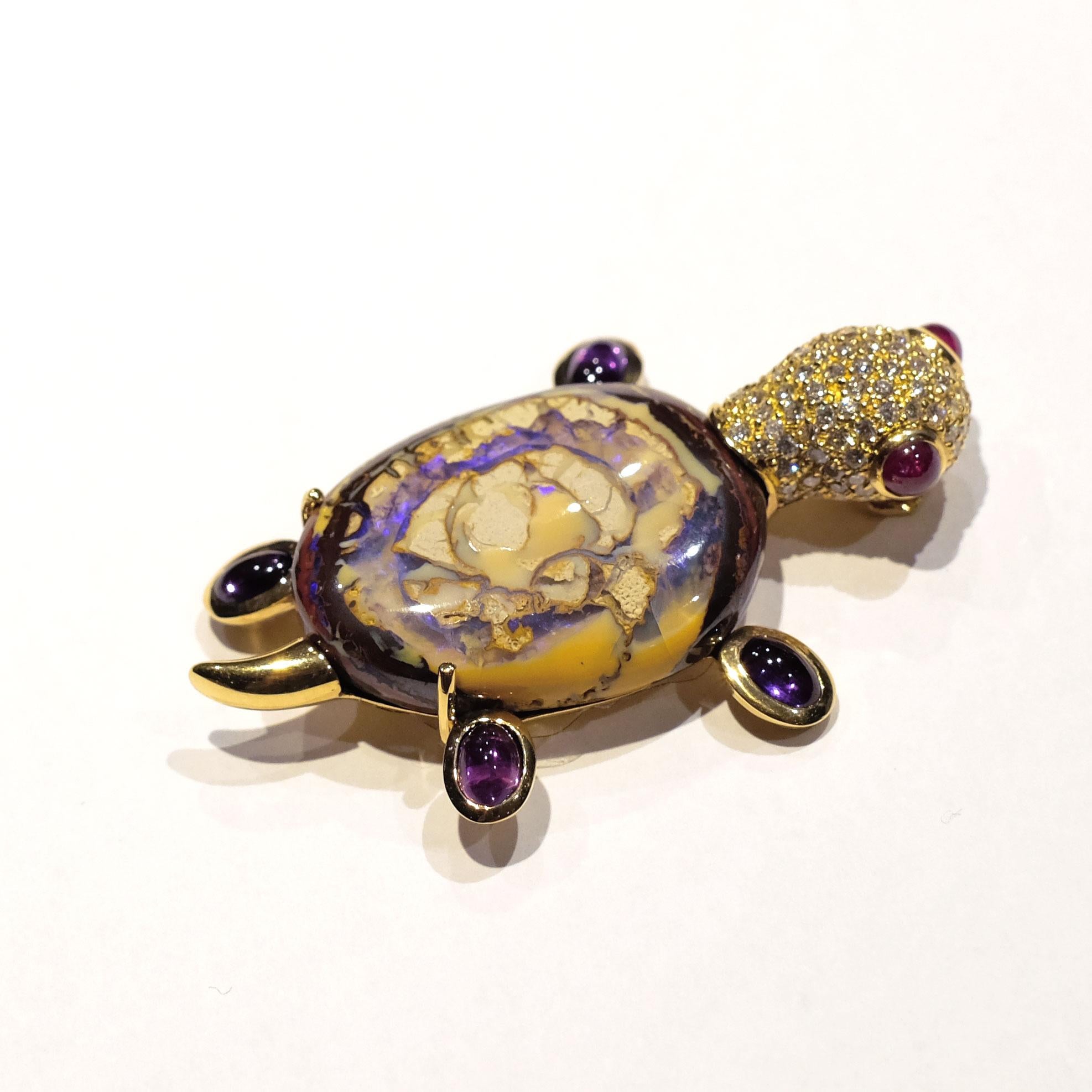 Modern Monseo Opal, Amethyst and Ruby Yellow Turtle Yellow Gold Brooch For Sale