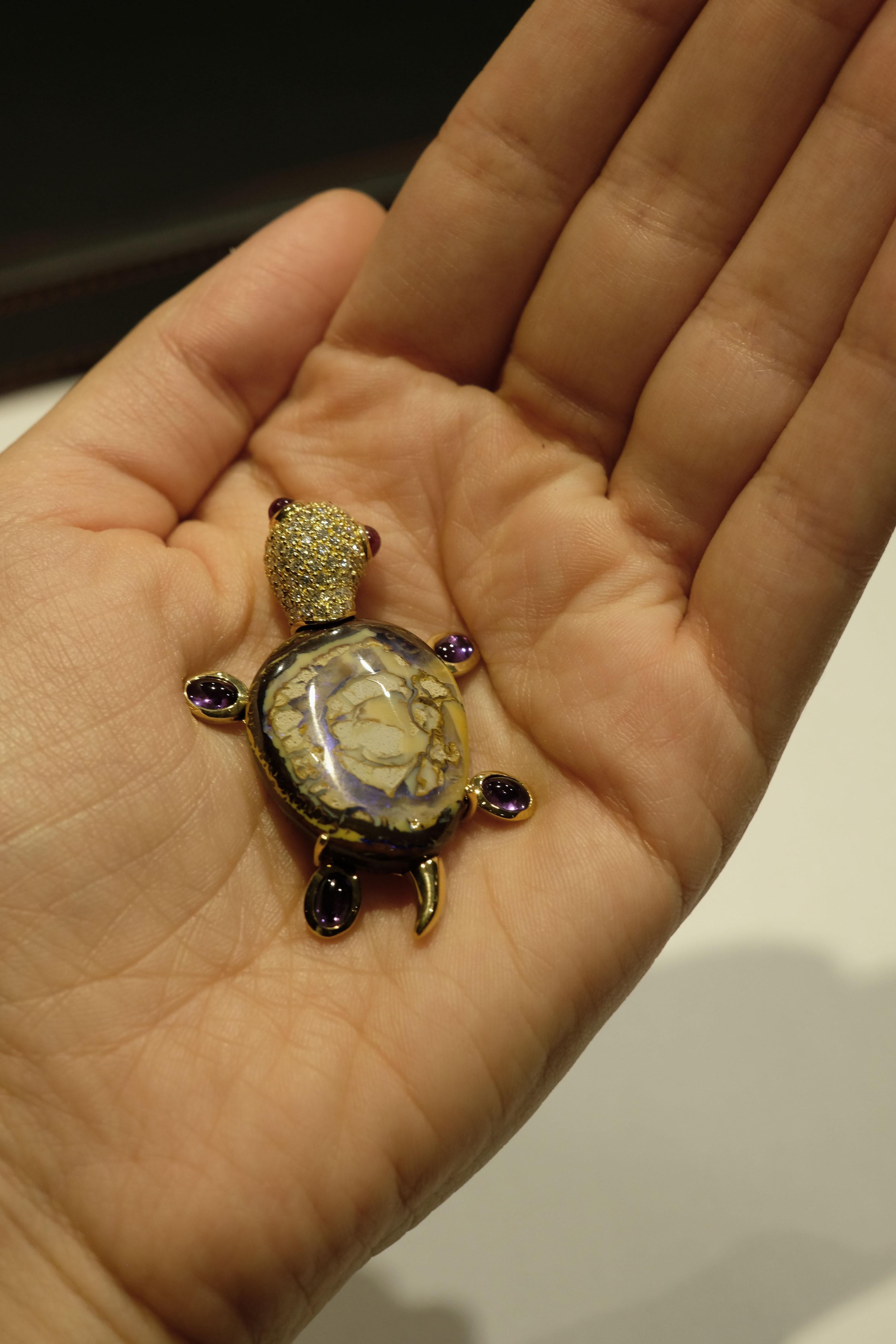 Monseo Opal, Amethyst and Ruby Yellow Turtle Yellow Gold Brooch For Sale 1
