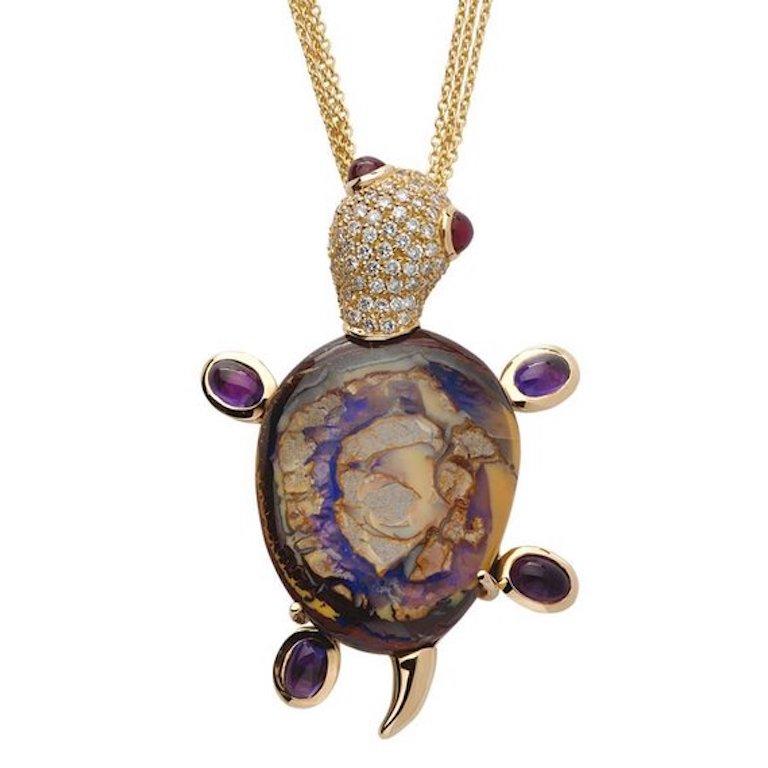 Monseo Opal, Amethyst and Ruby Yellow Turtle Yellow Gold Brooch For Sale 2