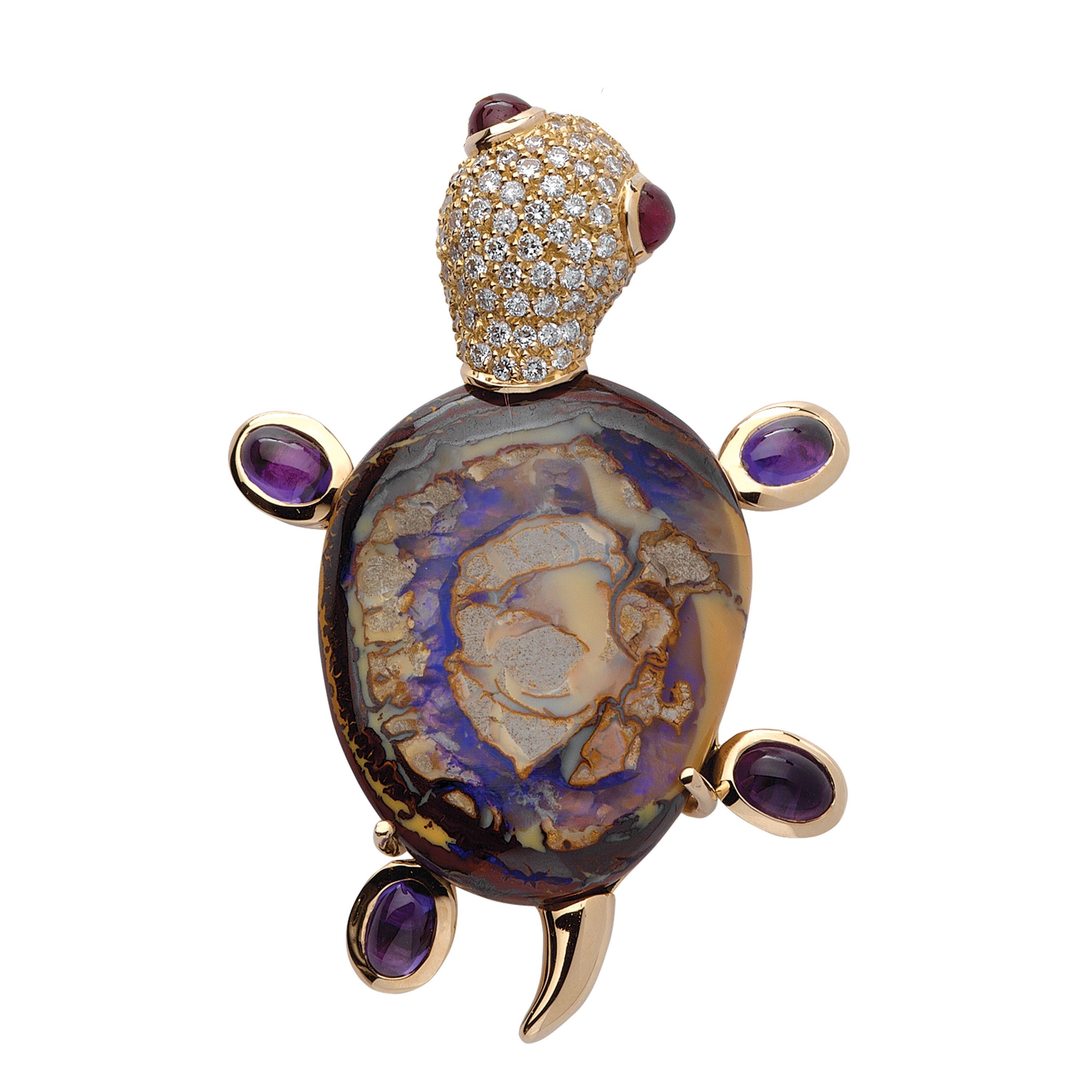 Monseo Opal, Amethyst and Ruby Yellow Turtle Yellow Gold Brooch For Sale