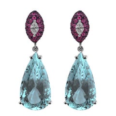 Monseo Pear Shape Aquamarine Rubies and Marquise Diamond Drop Earrings