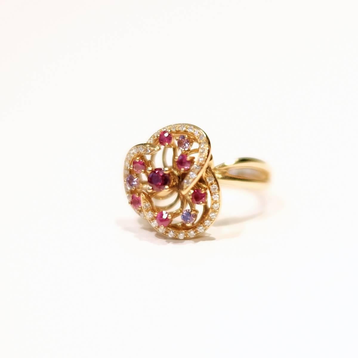 Contemporary Monseo Pink Sapphire, Purple Sapphires and Diamond Floral Rose Gold Ring For Sale