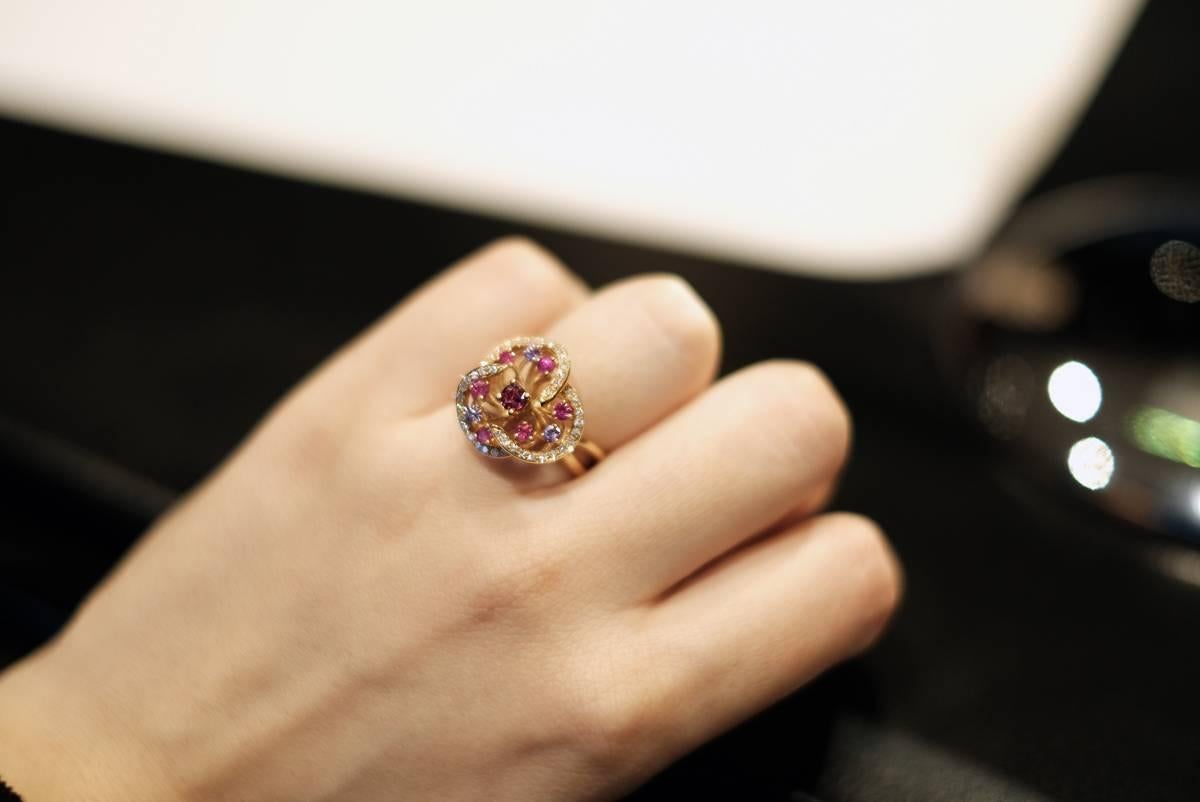 Monseo Pink Sapphire, Purple Sapphires and Diamond Floral Rose Gold Ring For Sale 1