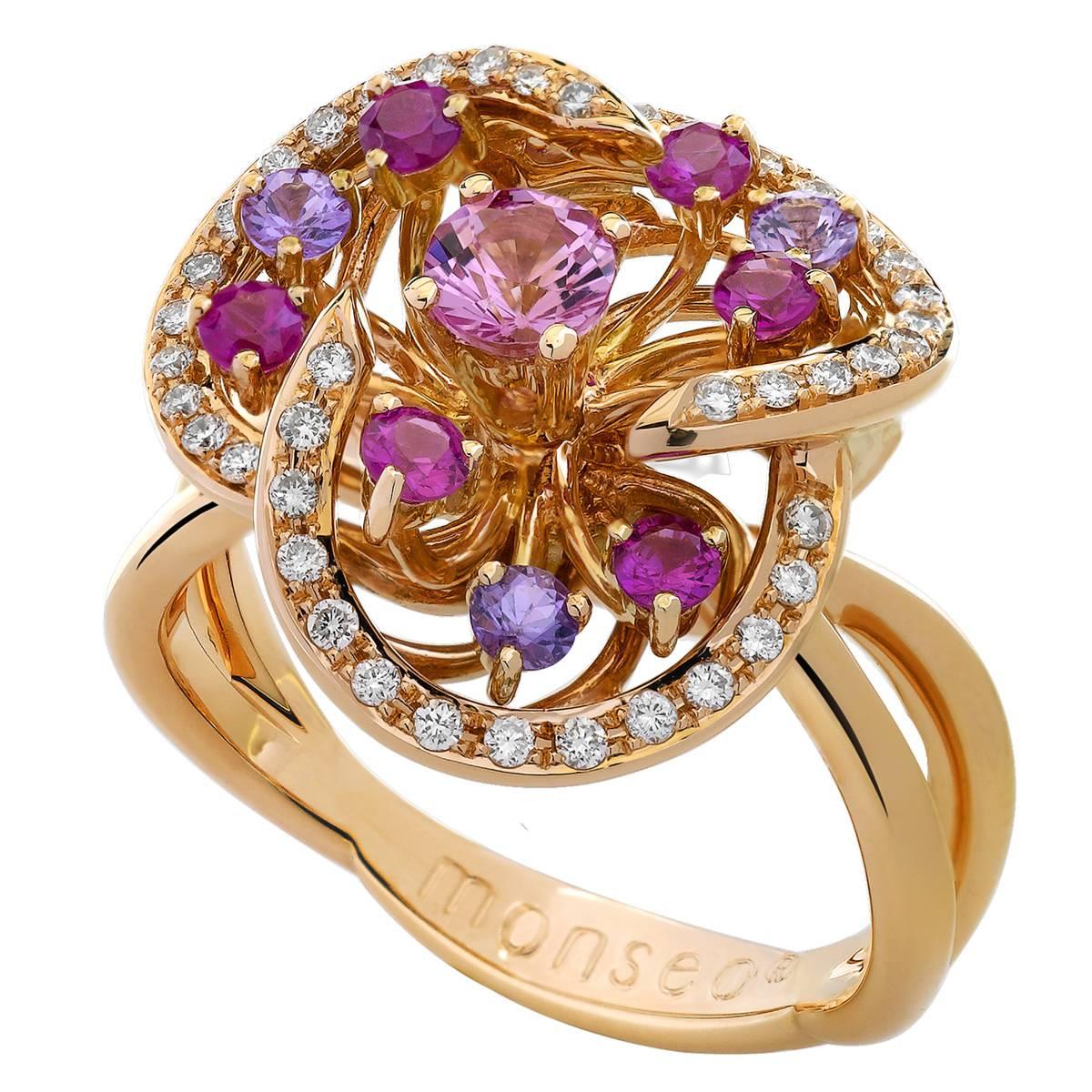 Monseo Pink Sapphire, Purple Sapphires and Diamond Floral Rose Gold Ring For Sale