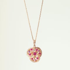 Monseo Pink Sapphire, Purple Sapphires Diamond Floral Rose Gold Necklace