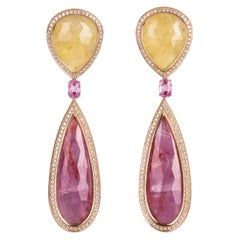 Monseo Rose Gold Diamonds Yellow and Pink Sapphires Drop Earrings