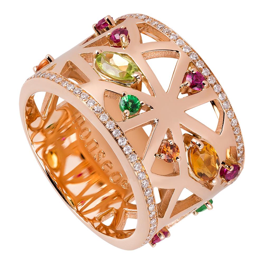 Monseo Rose Gold Peridot, Ruby, Orange Sapphire, Tsavorite and Quartz Band Ring For Sale