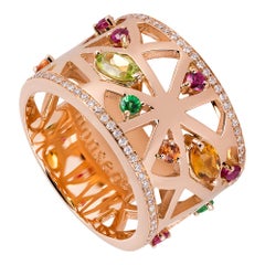 Monseo Rose Gold Peridot, Ruby, Orange Sapphire, Tsavorite and Quartz Band Ring