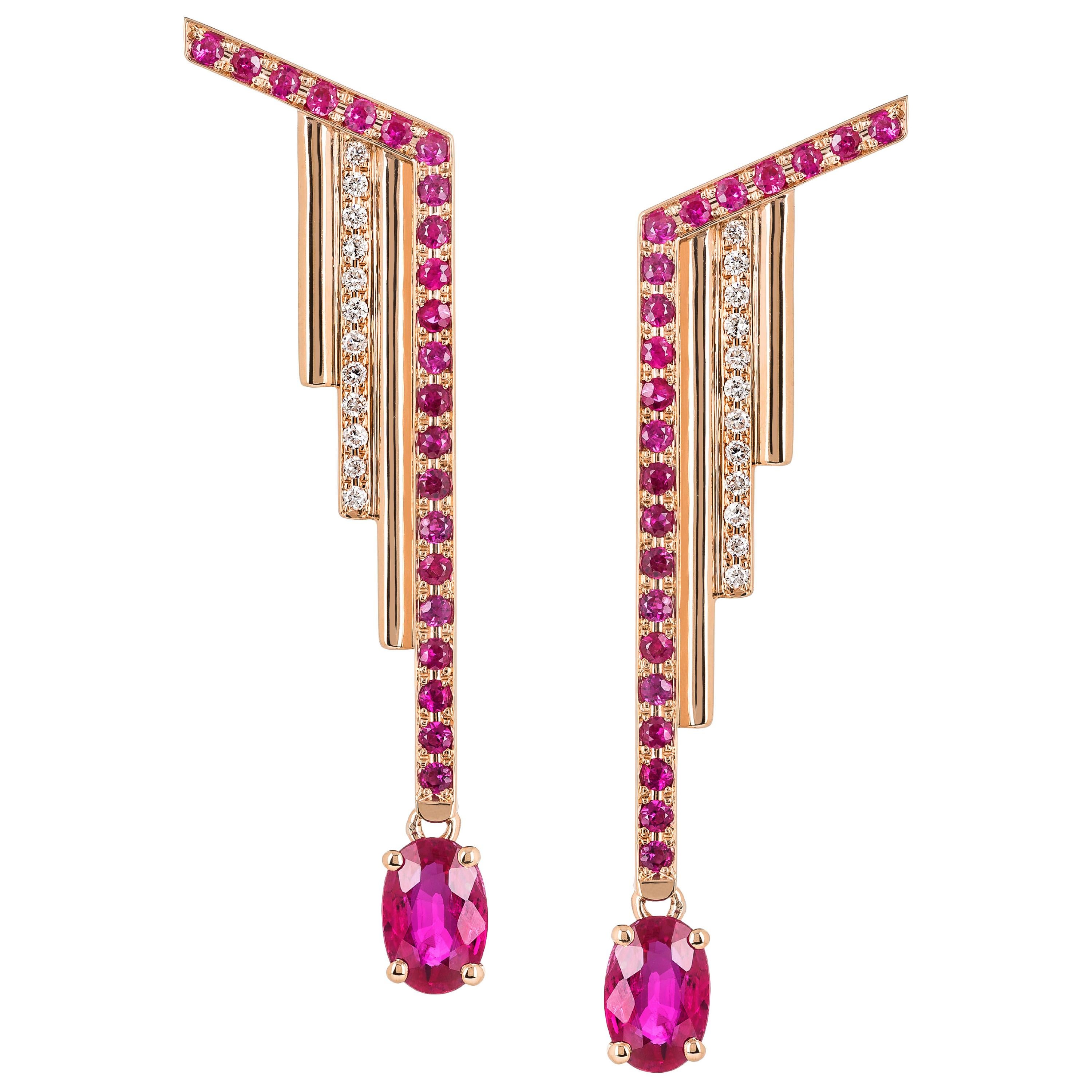 Monseo Rose Gold Rubies and Diamonds Art Deco Earrings For Sale
