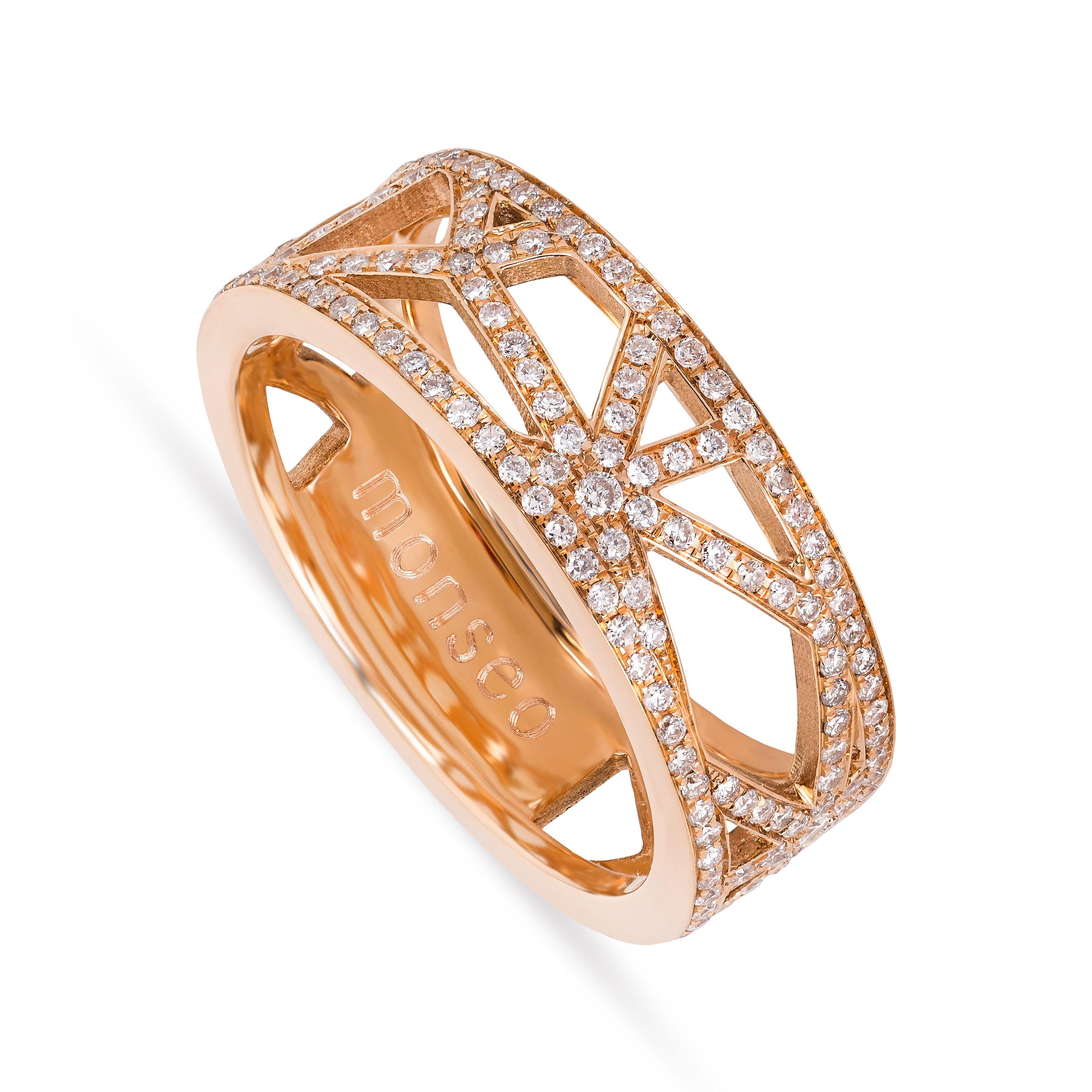 19.2K rose gold ring with 198 brilliant cut diamonds with 0.57 ct.

This piece is part of 'Portuguese Story' collection by Monseo and they were inspired by Portuguese cultural heritage. Several pieces of jewellery were designed by architectural