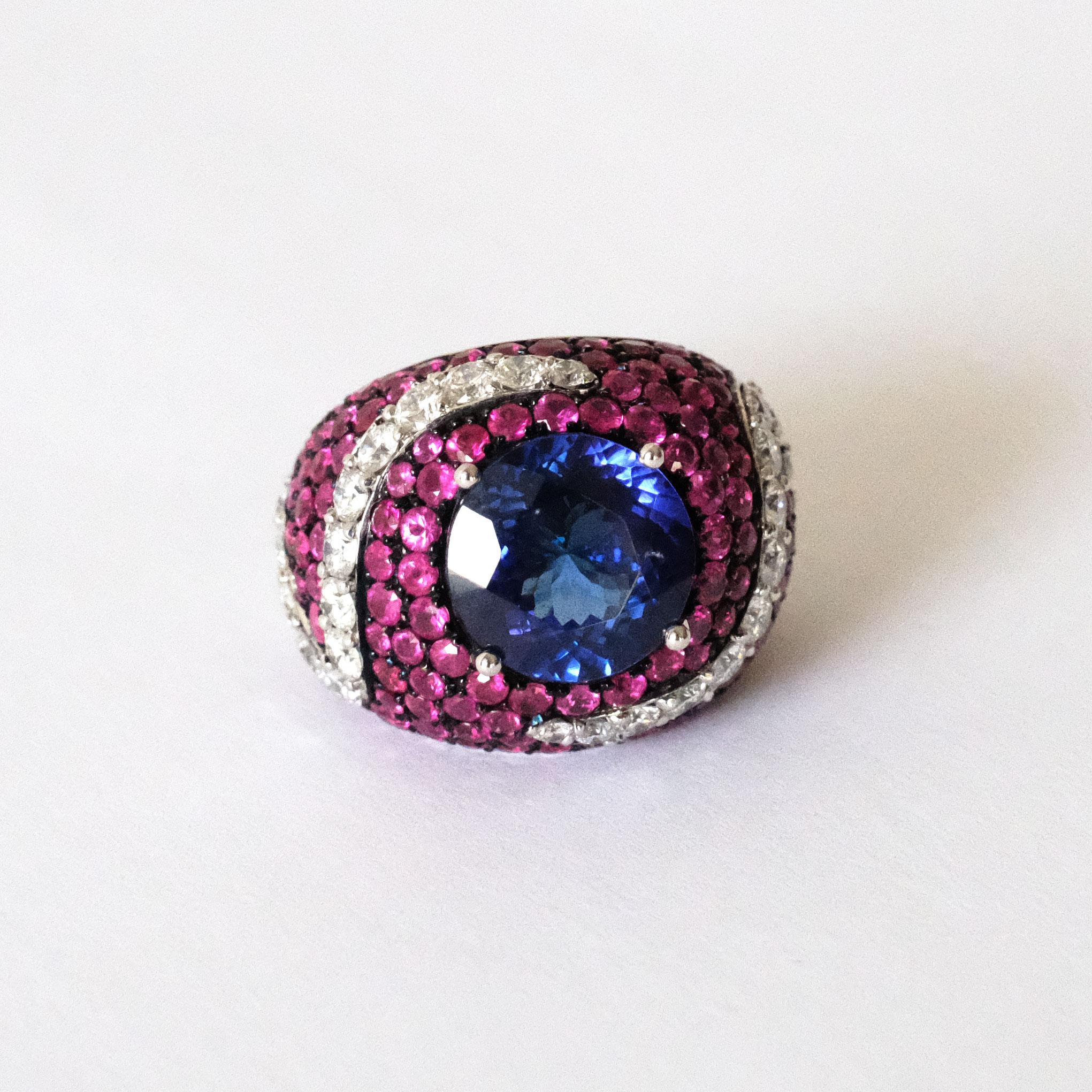 Women's Monseo Round Tanzanite Pink Sapphire and Diamond Cocktail Ring For Sale