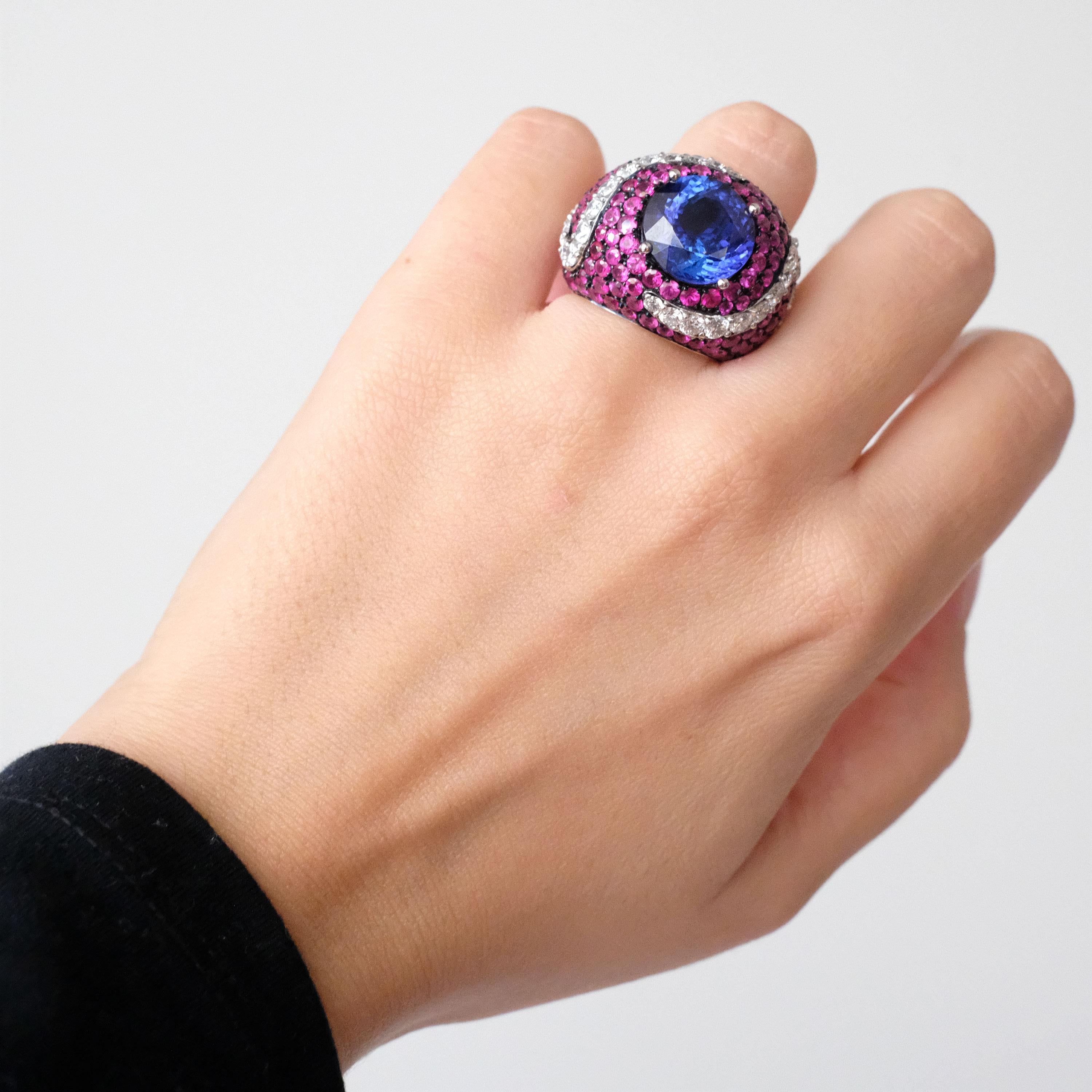 Monseo Round Tanzanite Pink Sapphire and Diamond Cocktail Ring For Sale 2