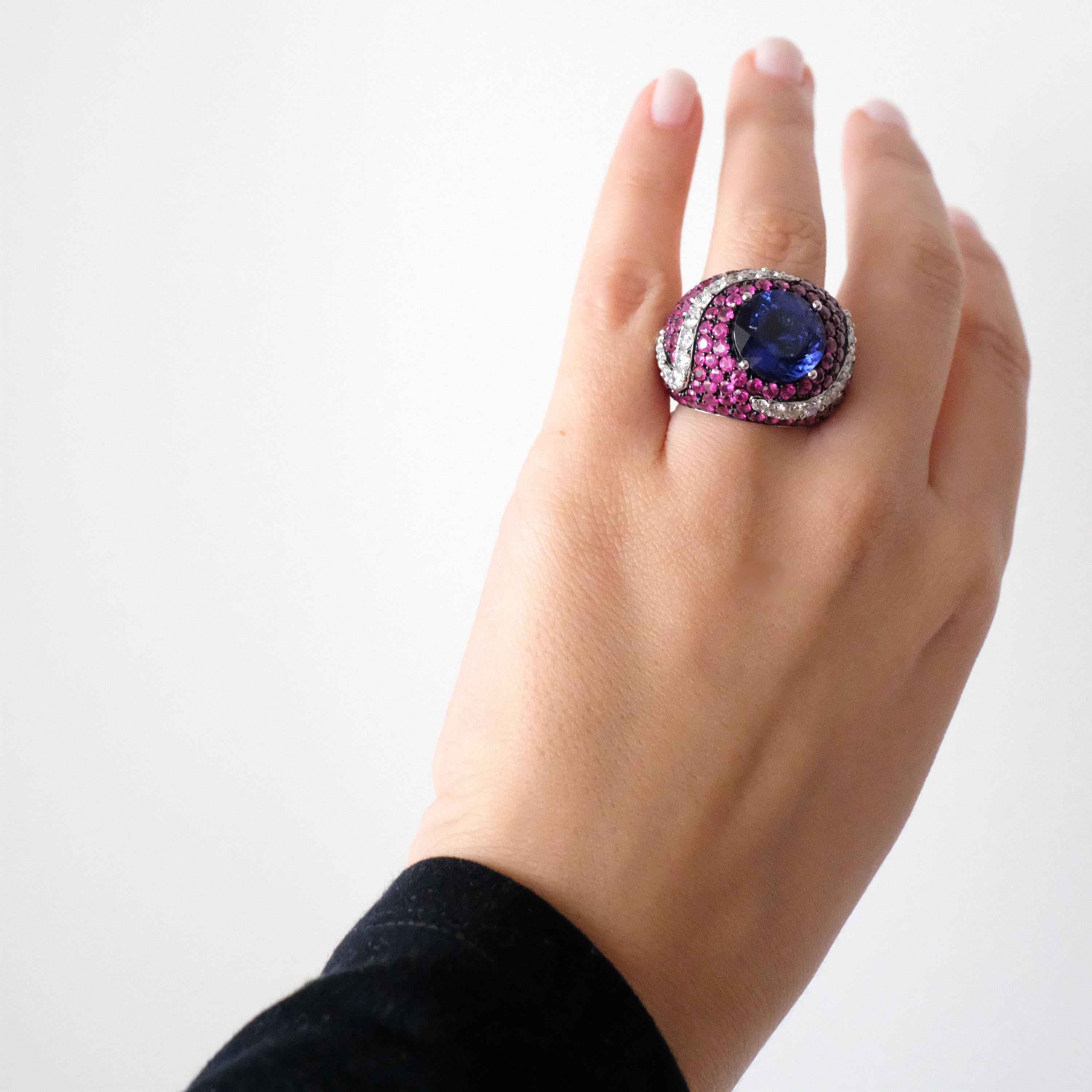 Monseo Round Tanzanite Pink Sapphire and Diamond Cocktail Ring For Sale 3