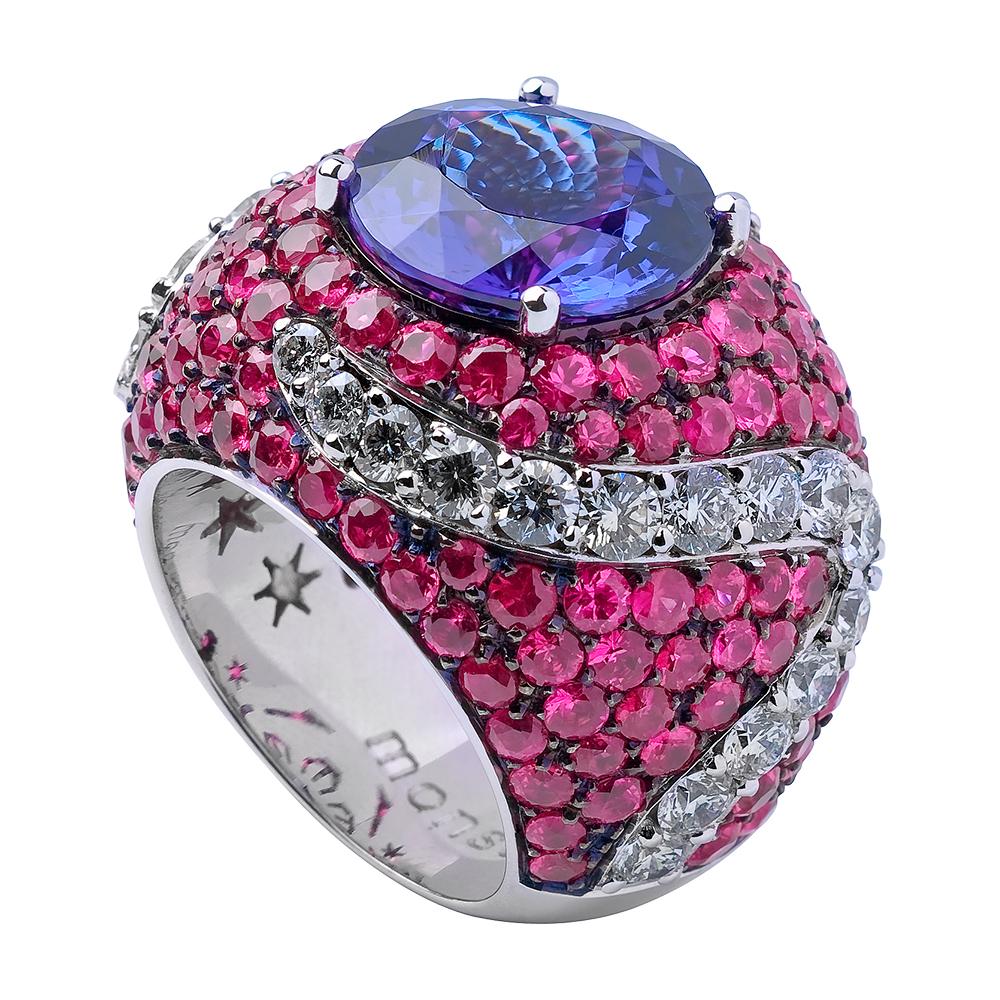 Monseo Round Tanzanite Pink Sapphire and Diamond Cocktail Ring For Sale