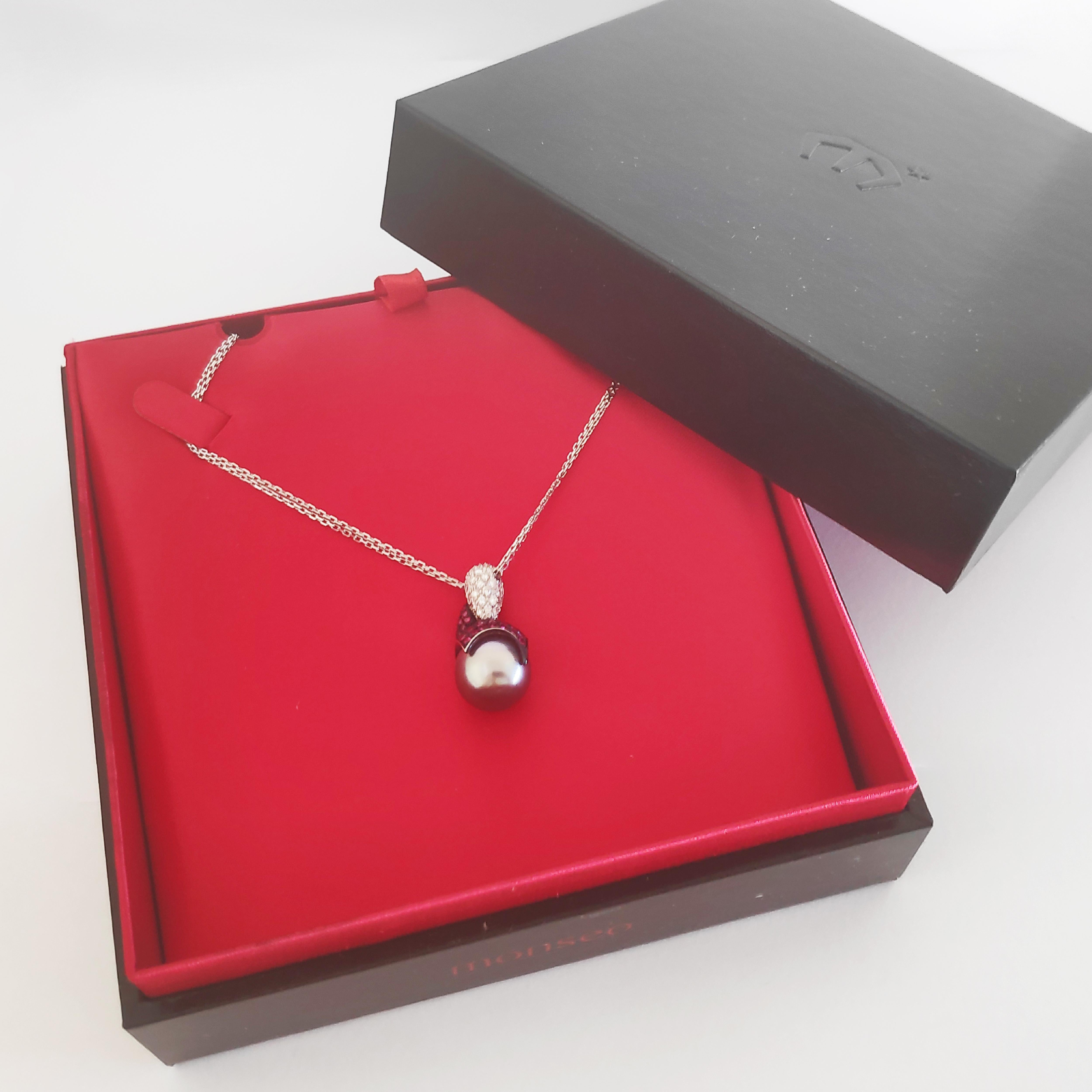 Monseo Tahitian Pearl Diamonds Rubies White Gold Pendant Necklace In New Condition For Sale In Porto, PT