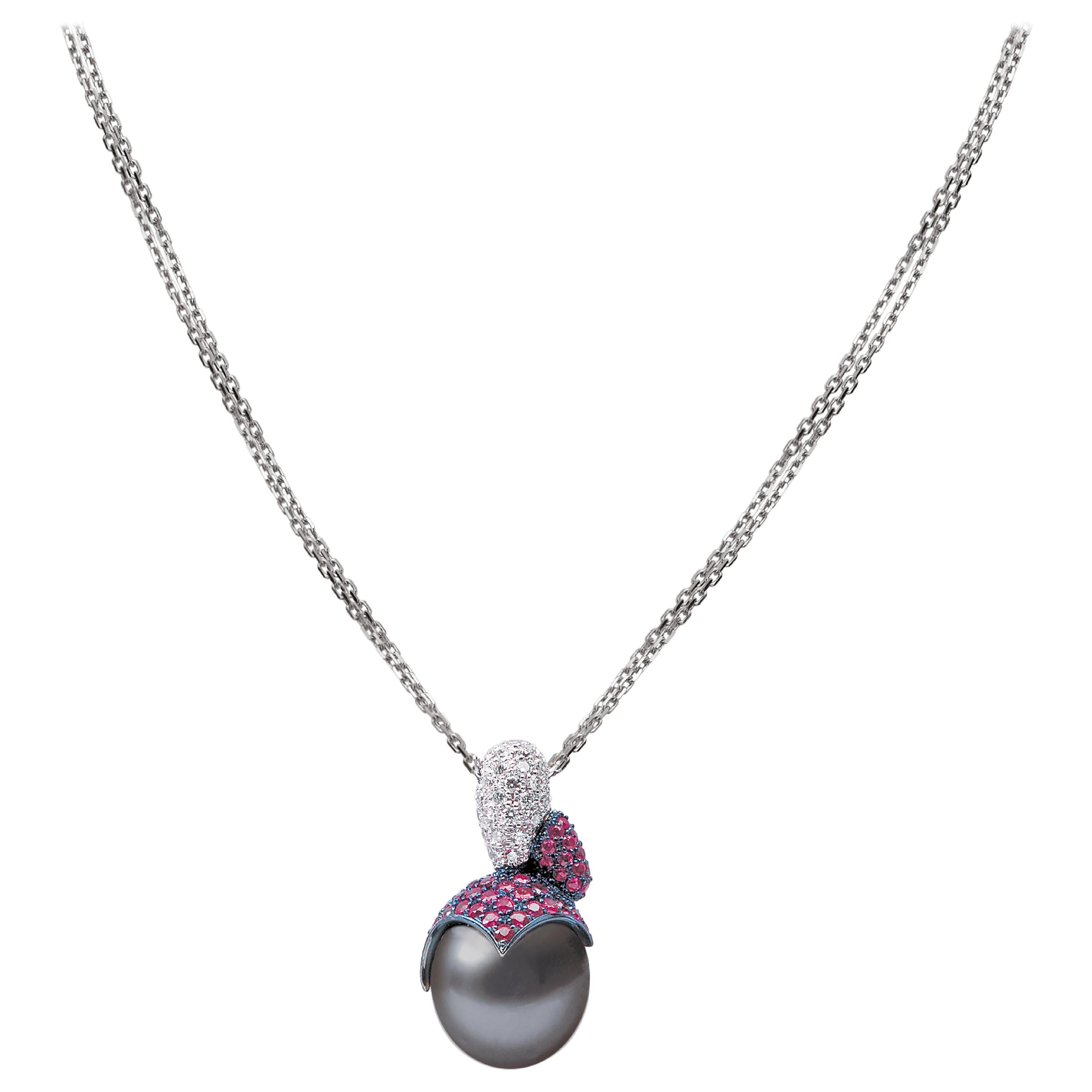 Monseo Tahitian Pearl Diamonds Rubies White Gold Pendant Necklace For Sale