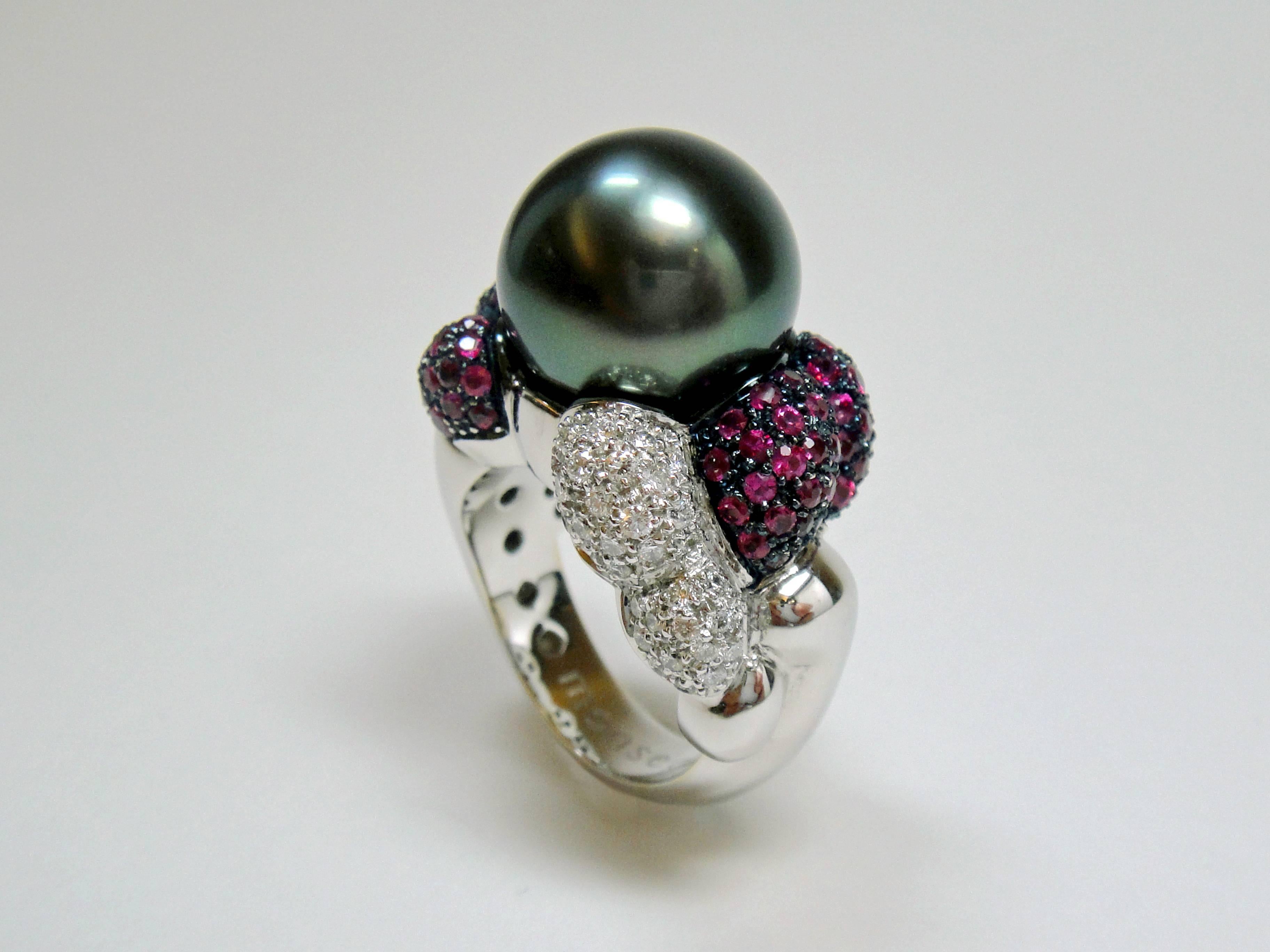 Modern Monseo Tahitian Pearl Rubies Diamond White Gold Cocktail Ring For Sale