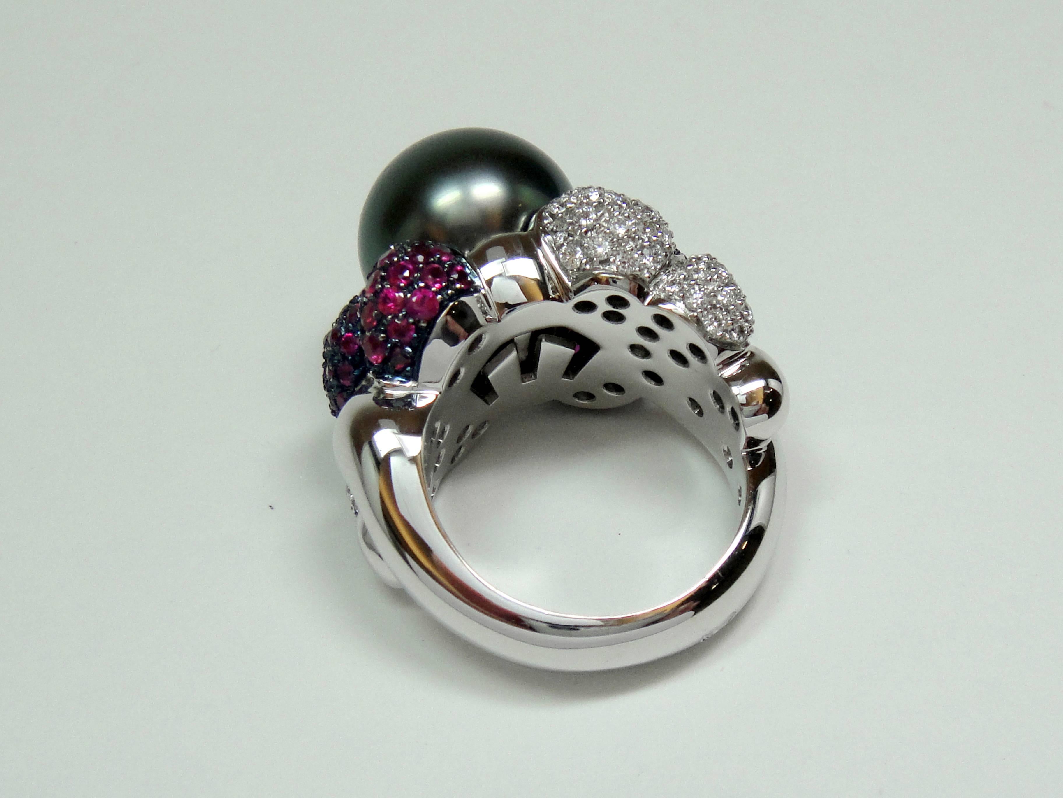 Monseo Tahitian Pearl Rubies Diamond White Gold Cocktail Ring In New Condition For Sale In Porto, PT
