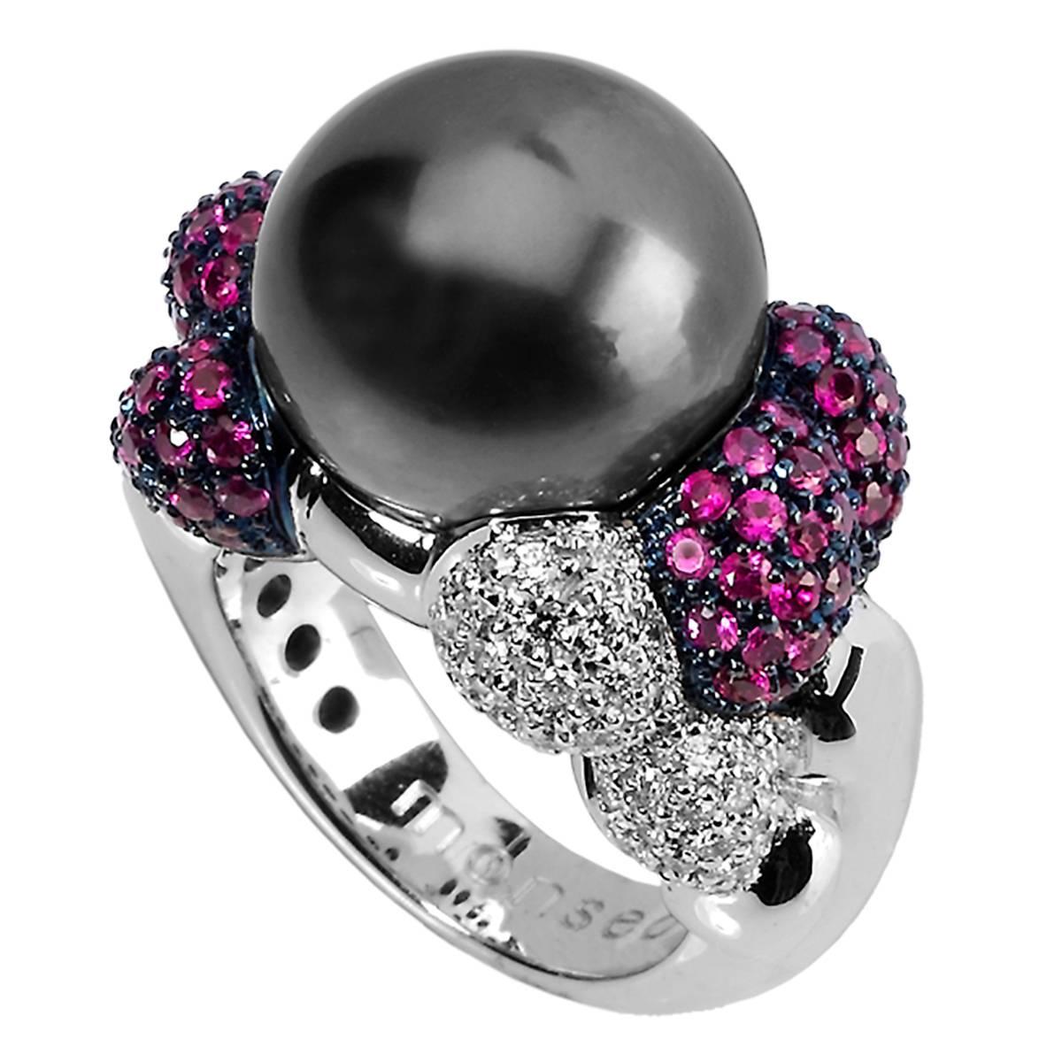 Monseo Tahitian Pearl Rubies Diamond White Gold Cocktail Ring For Sale
