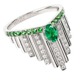 Monseo White Gold Emerald and Diamonds Art Deco Cocktail Ring