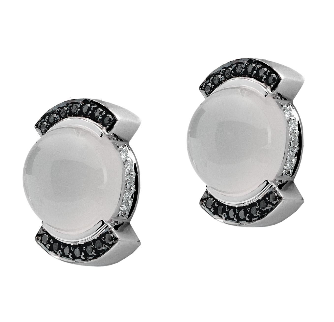 Monseo White Gold Moonstone Cabochon and Diamonds Clip-On Earrings For Sale