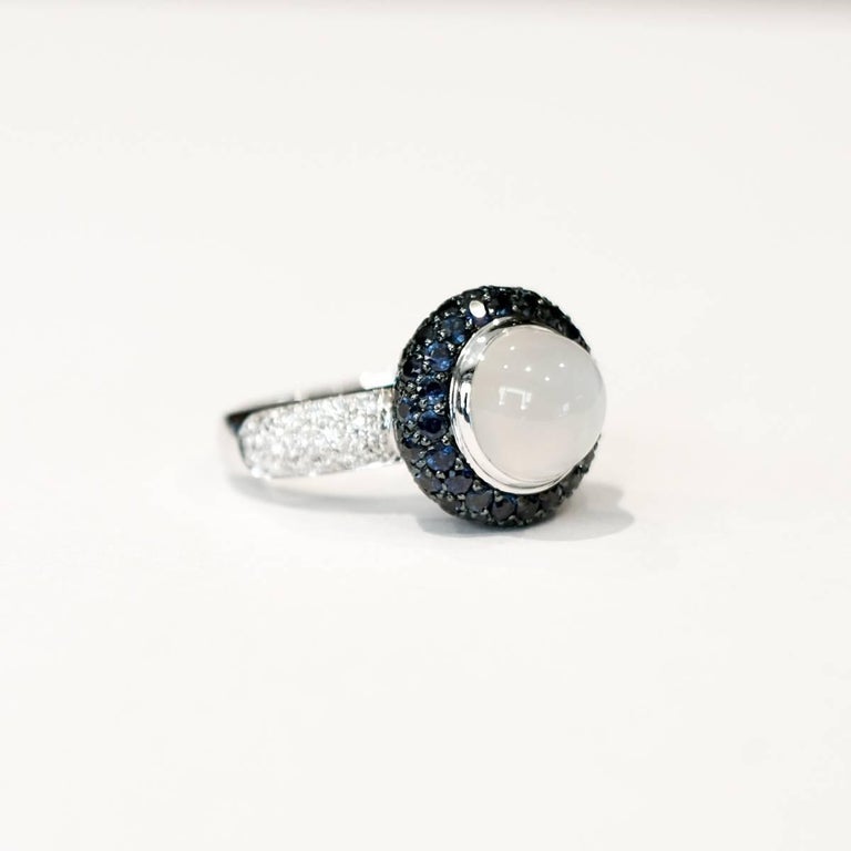 Art Deco Monseo White Moonstone, Blue Sapphires and Diamonds Gold Cocktail Ring For Sale