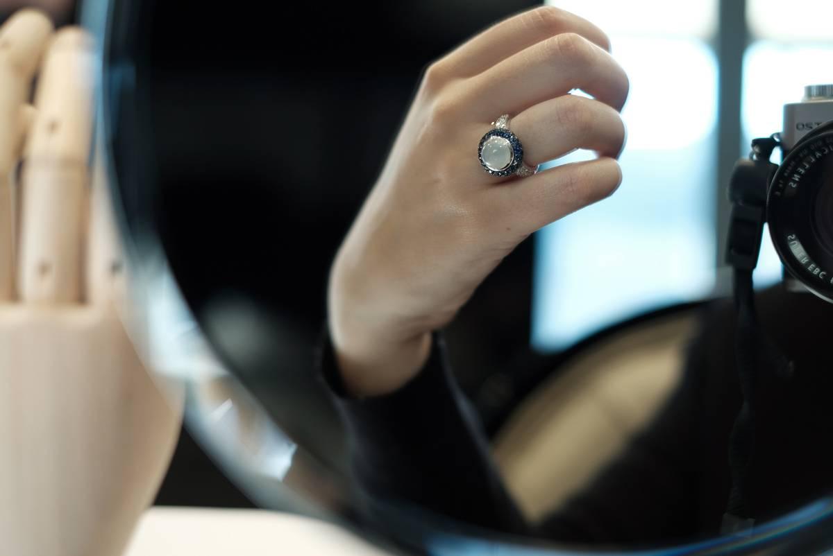 Women's Monseo White Moonstone, Blue Sapphires and Diamonds Gold Cocktail Ring For Sale