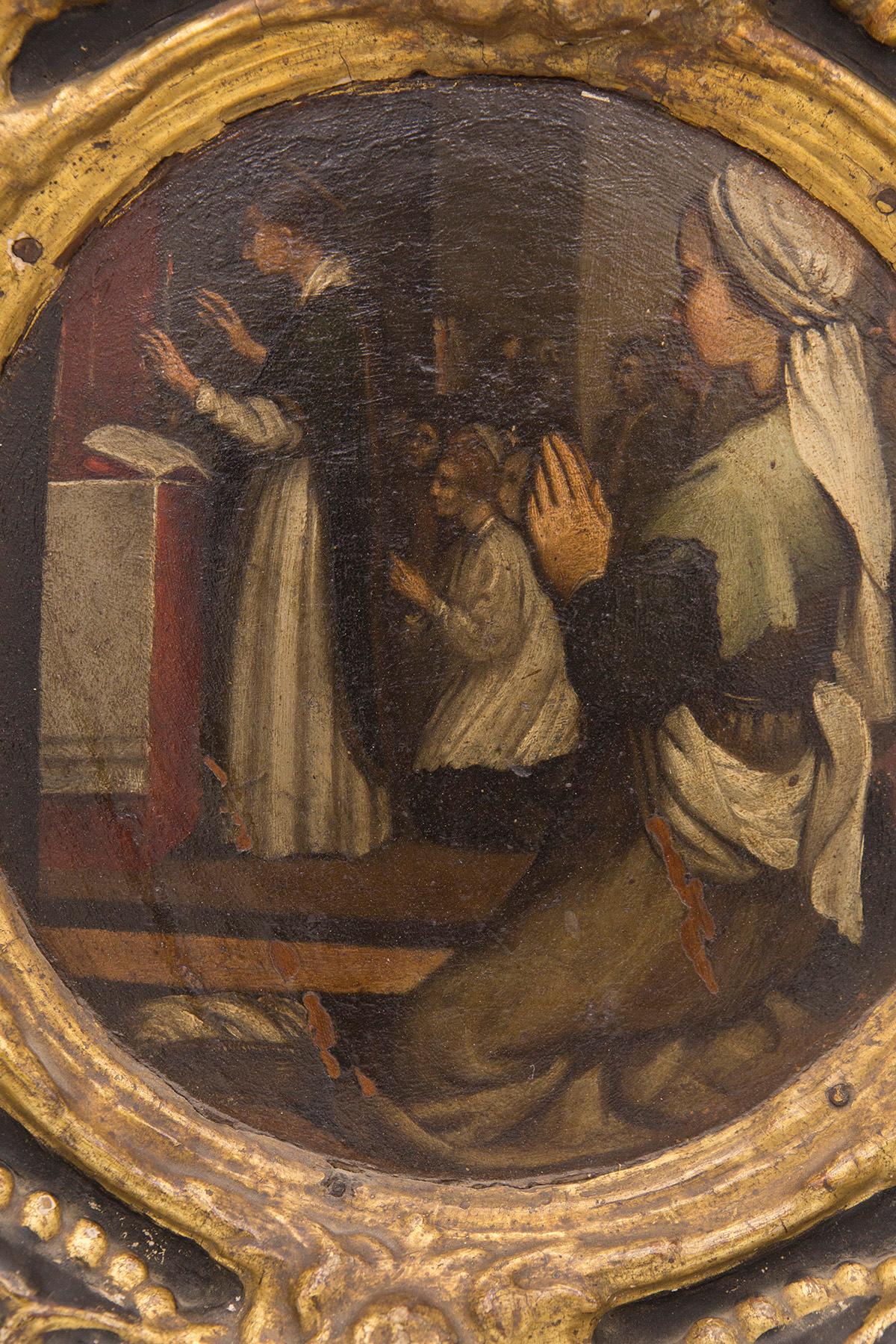 
Das Werk ist ein rundes, gerahmtes Gemälde aus vergoldetem Holz, mit einem Engel über dem Rahmen in der Mitte. Der Rahmen ist mit sehr eleganten, geschwungenen Schnörkeln gestaltet.
Das Gemälde stammt von Giovanni Battista CRESPI, bekannt als