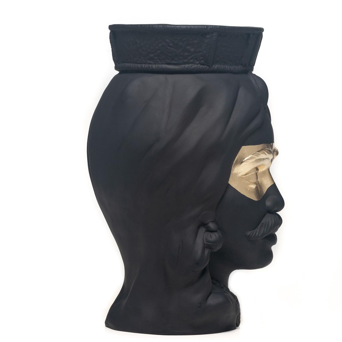 Timeless and stately, this versatile vase of a Sicilian nobleman will be a refined statement piece in a garden, patio, or kitchen decor. Fashioned of terracotta, this piece is marked by a striking countenance: a sinuously draped turban topped by a