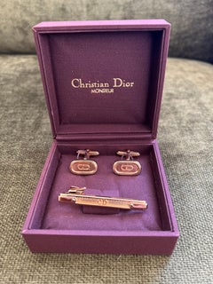 Monsiuer Vintage Christian Dior Gemelli&Cravatta con placca d'oro Custodia originale Lux