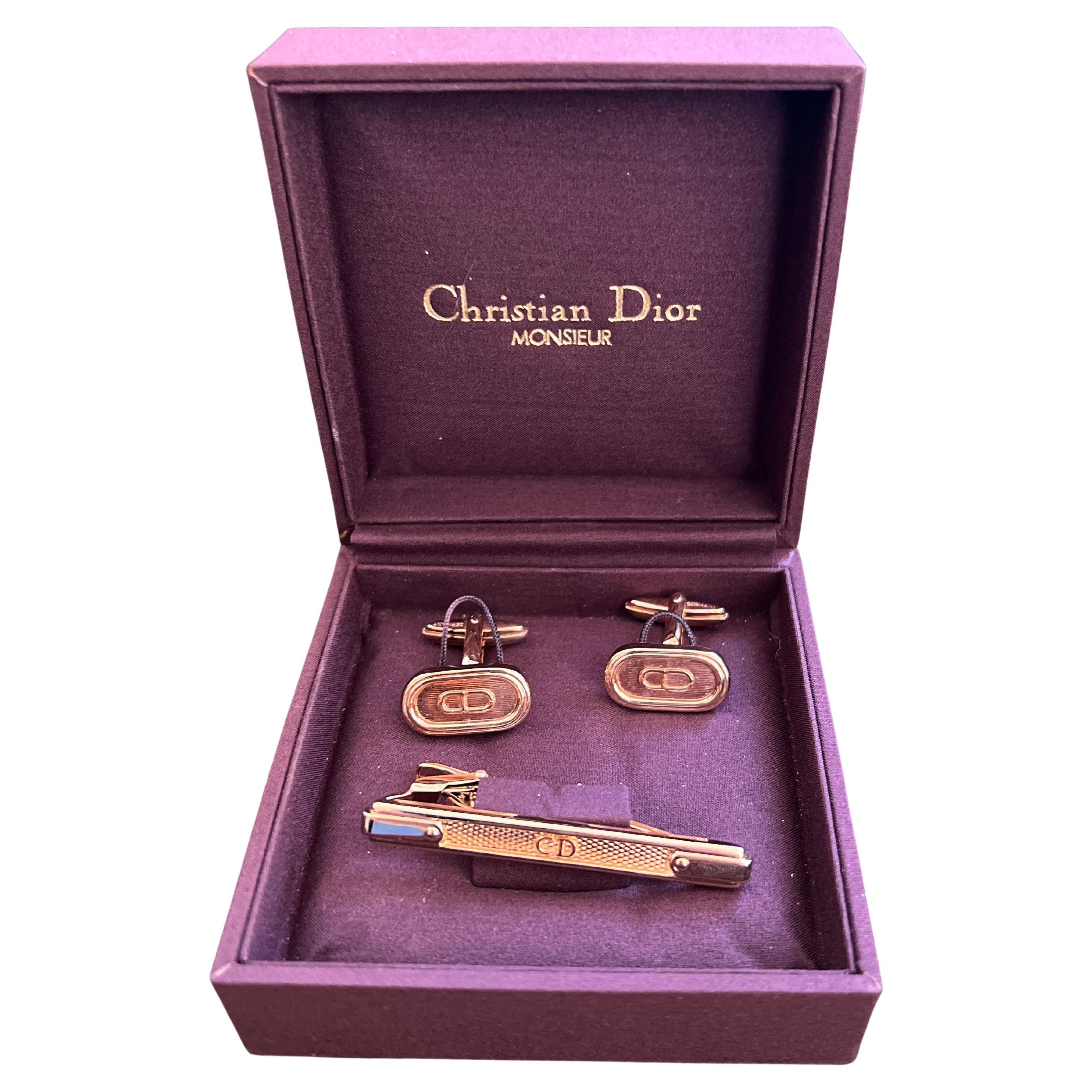 Monsiuer Vintage Christian Dior Gold Plate Cufflinks&Tie Clip Original Lux Case