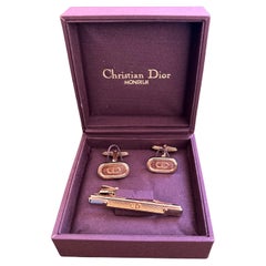Monsiuer Vintage Christian Dior Gold Plate Cufflinks&Tie Clip Original Lux Case