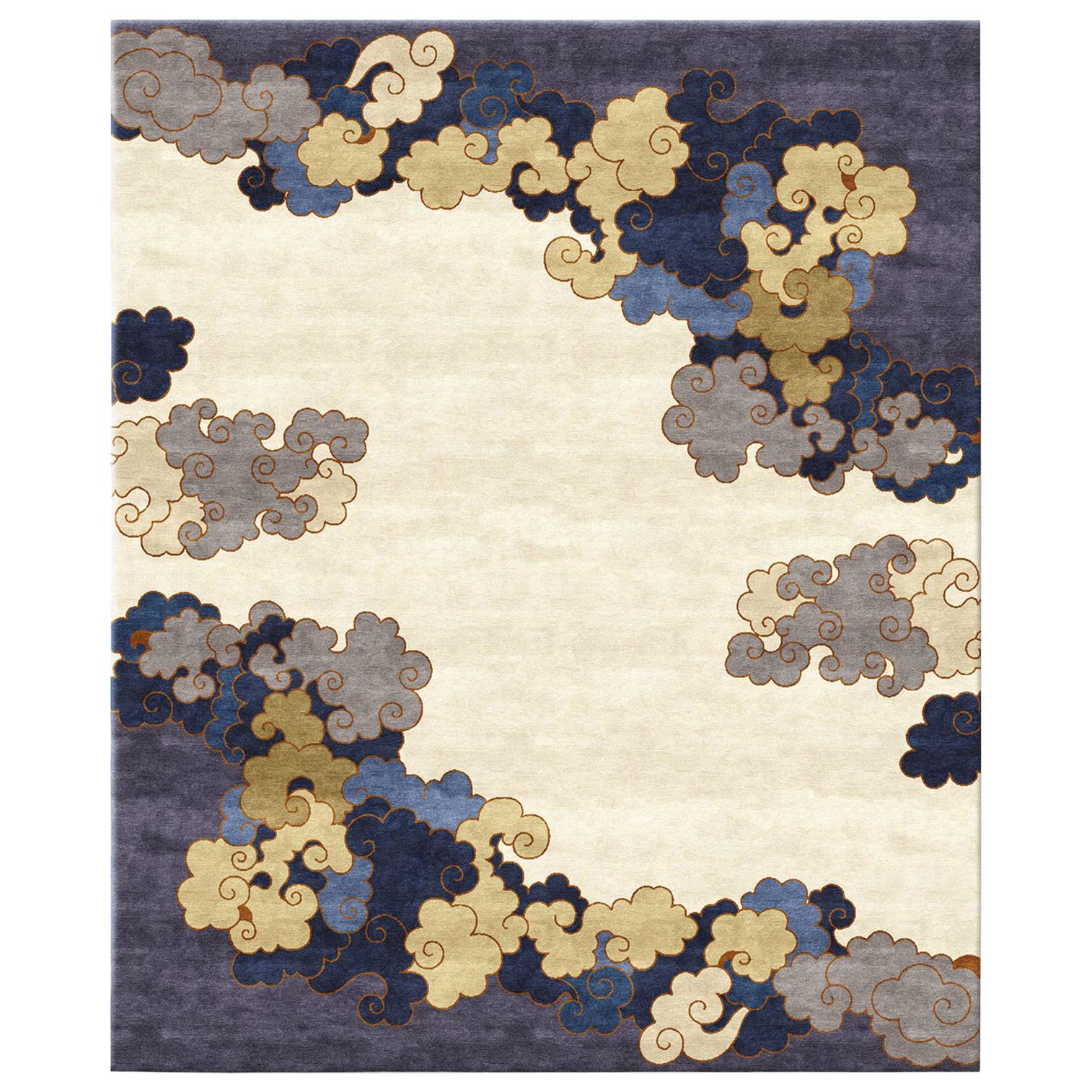 Blue Beige Chinoiserie Rug Hand Knotted Wool Silk - Monsoon Season Gold For Sale