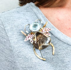 MONSTER BEETLE 1950 Retro Brooch In 14Kt & Sterling Silver With Multi Gemstones