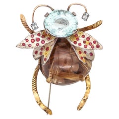 MONSTER BEETLE 1950 Retro Brooch In 14Kt & Sterling Silver With Multi Gemstones
