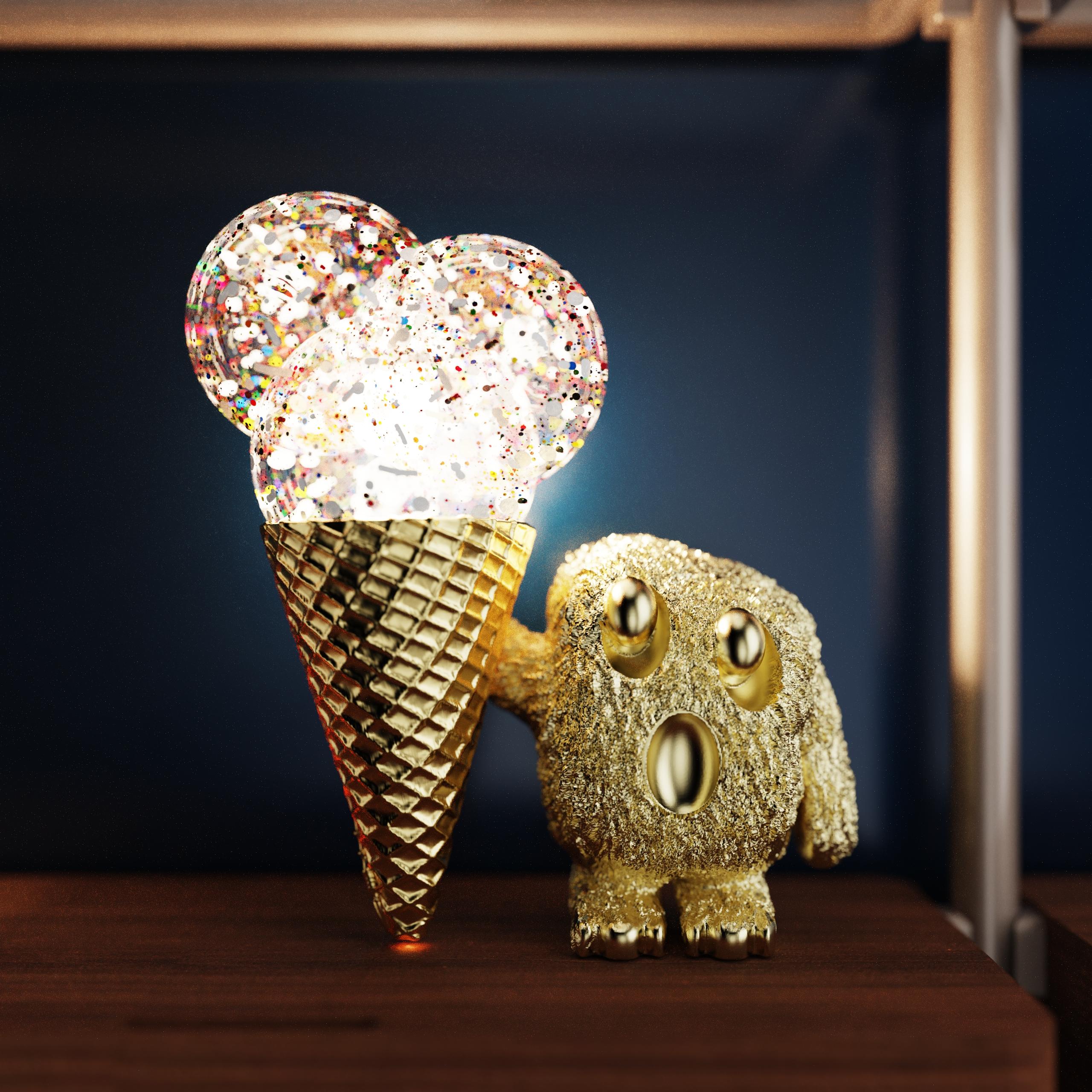 Postmoderne Binty Monster avec globe à crème glacée en verre soufflé à la main et laiton texturé en vente