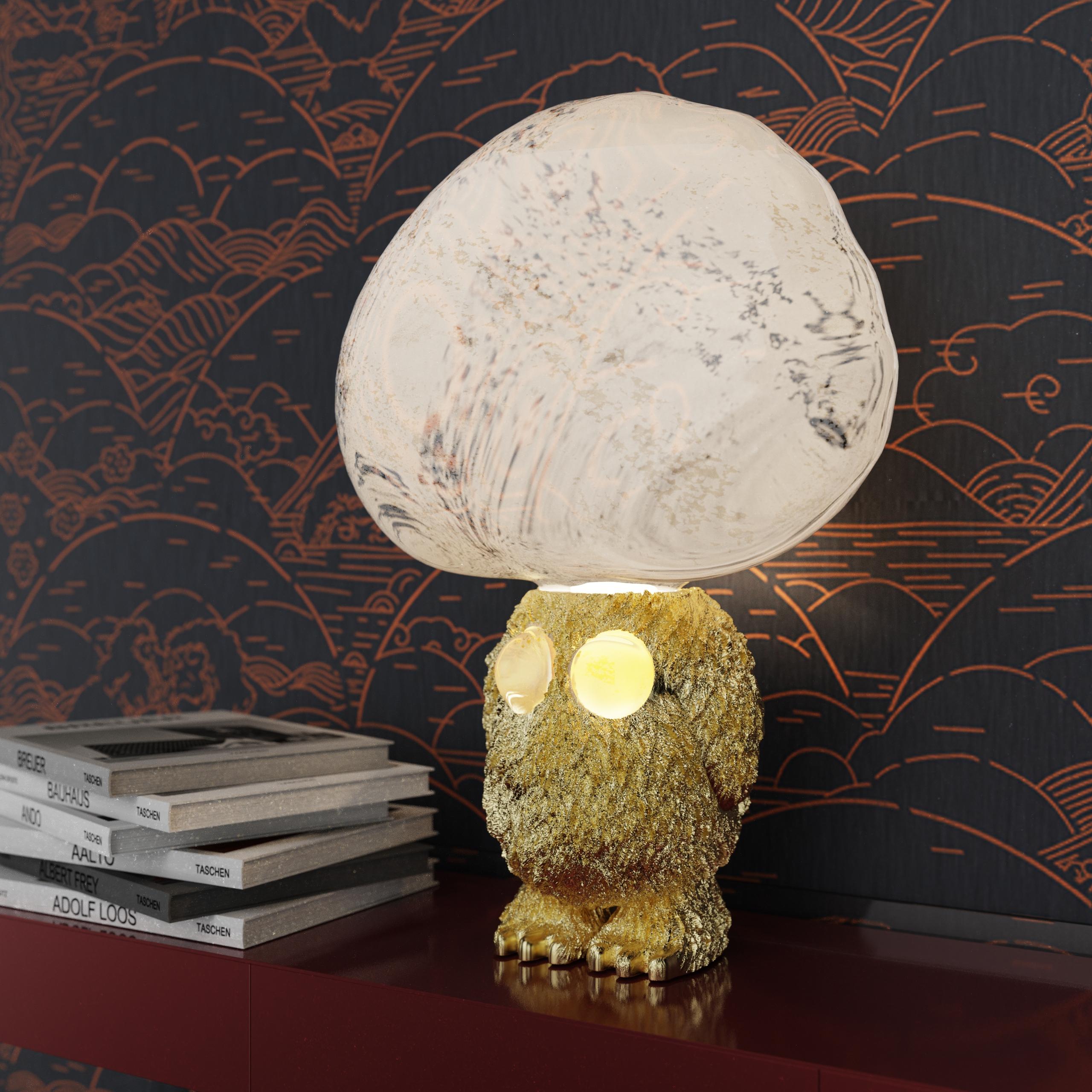 Post-Modern Monster Brainy with Hand-blown Glass Brain and Textured Brass For Sale