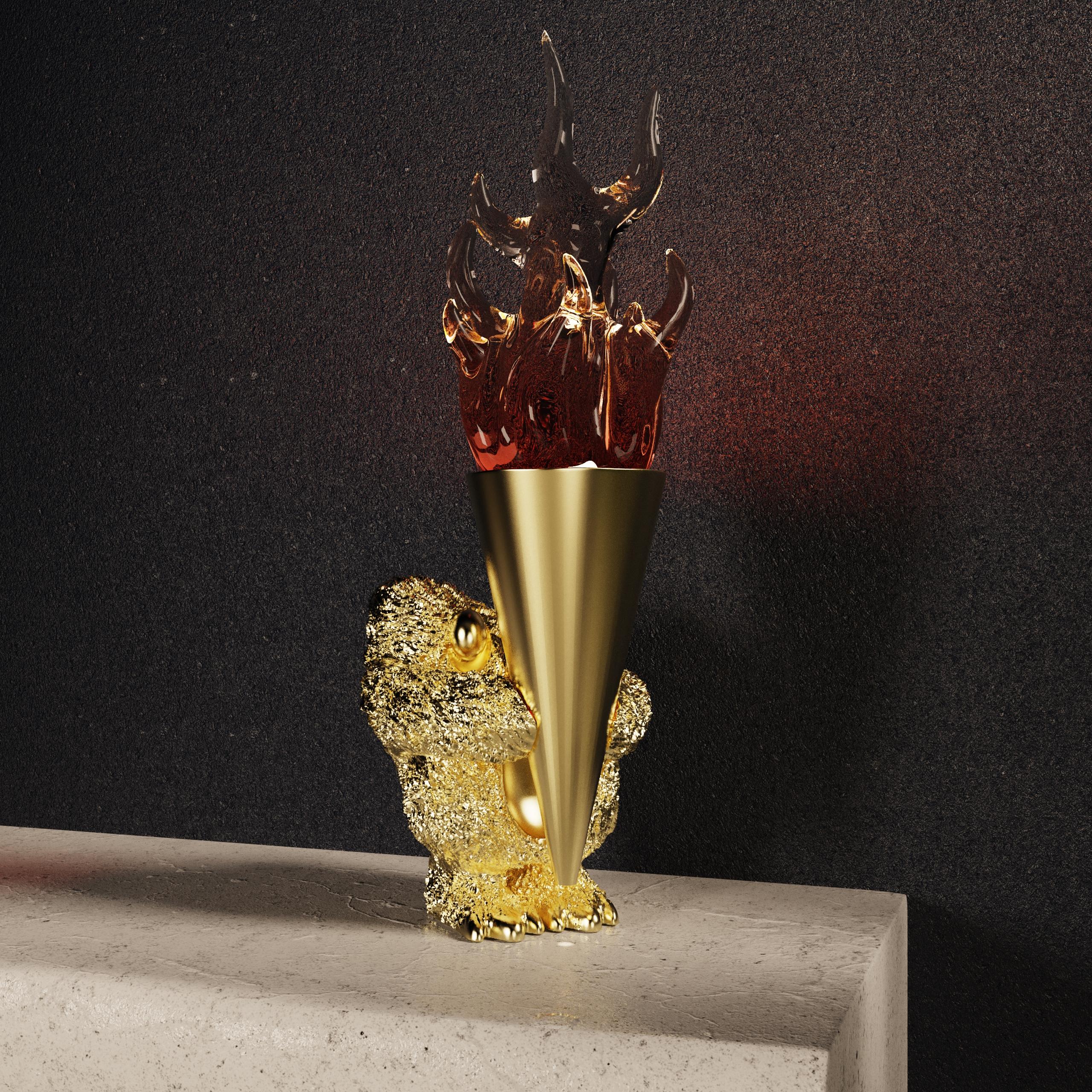 Postmoderne Guards Monster avec torche de feu en verre soufflé à la main et laiton texturé en vente