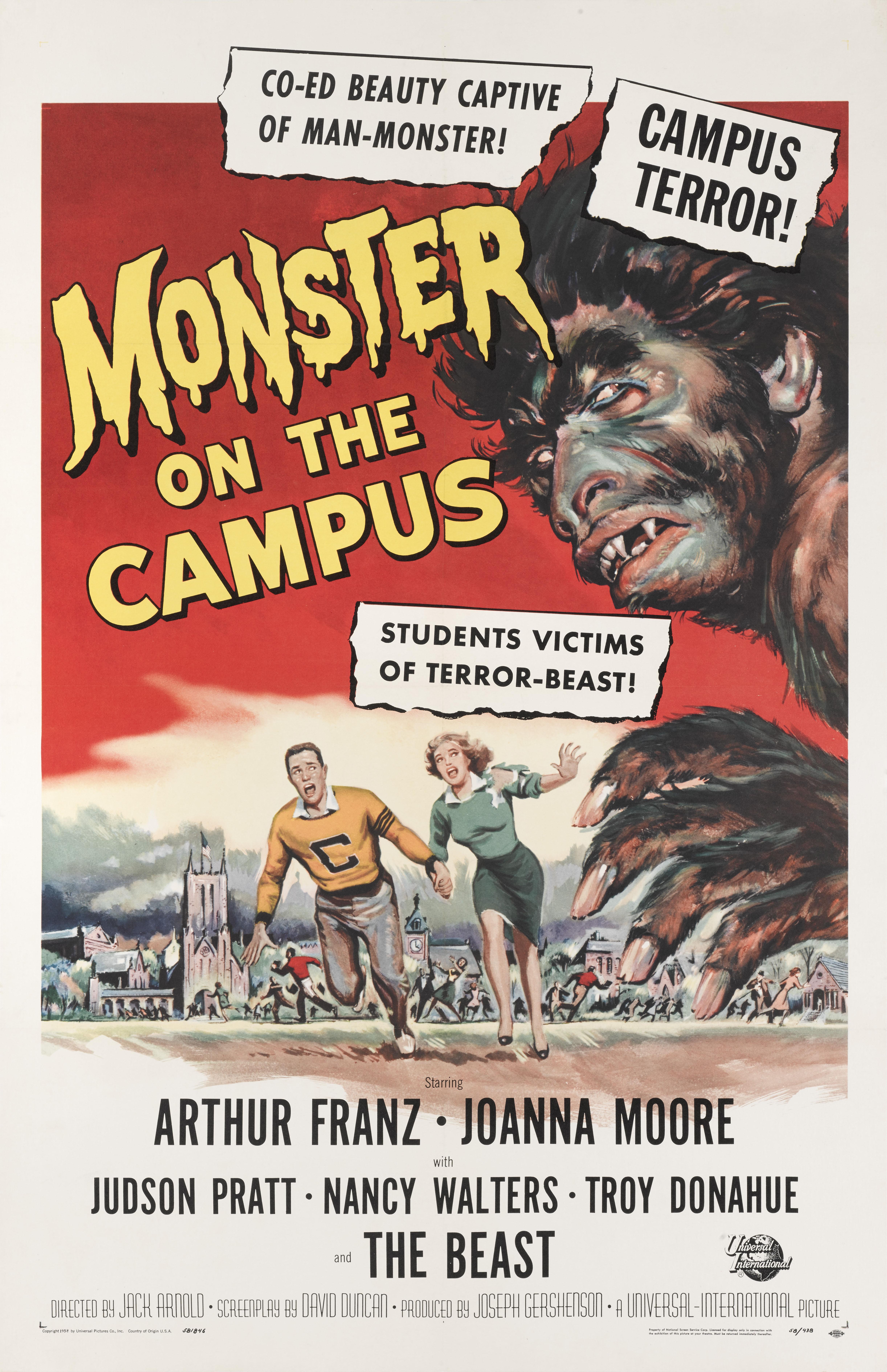 Original US film poster for The 1958 science fiction horror film Monster on the Campus.
This film was directed by Jack Arnold and starred Arthur Franz and Joanna Moore.
This poster is conservation linen backed and it would be shipped rolled in a