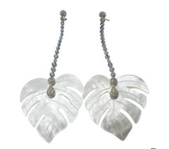 Monstera Mother of Pearl in 18 Karat White Gold Aquamarine Riviere Earrings