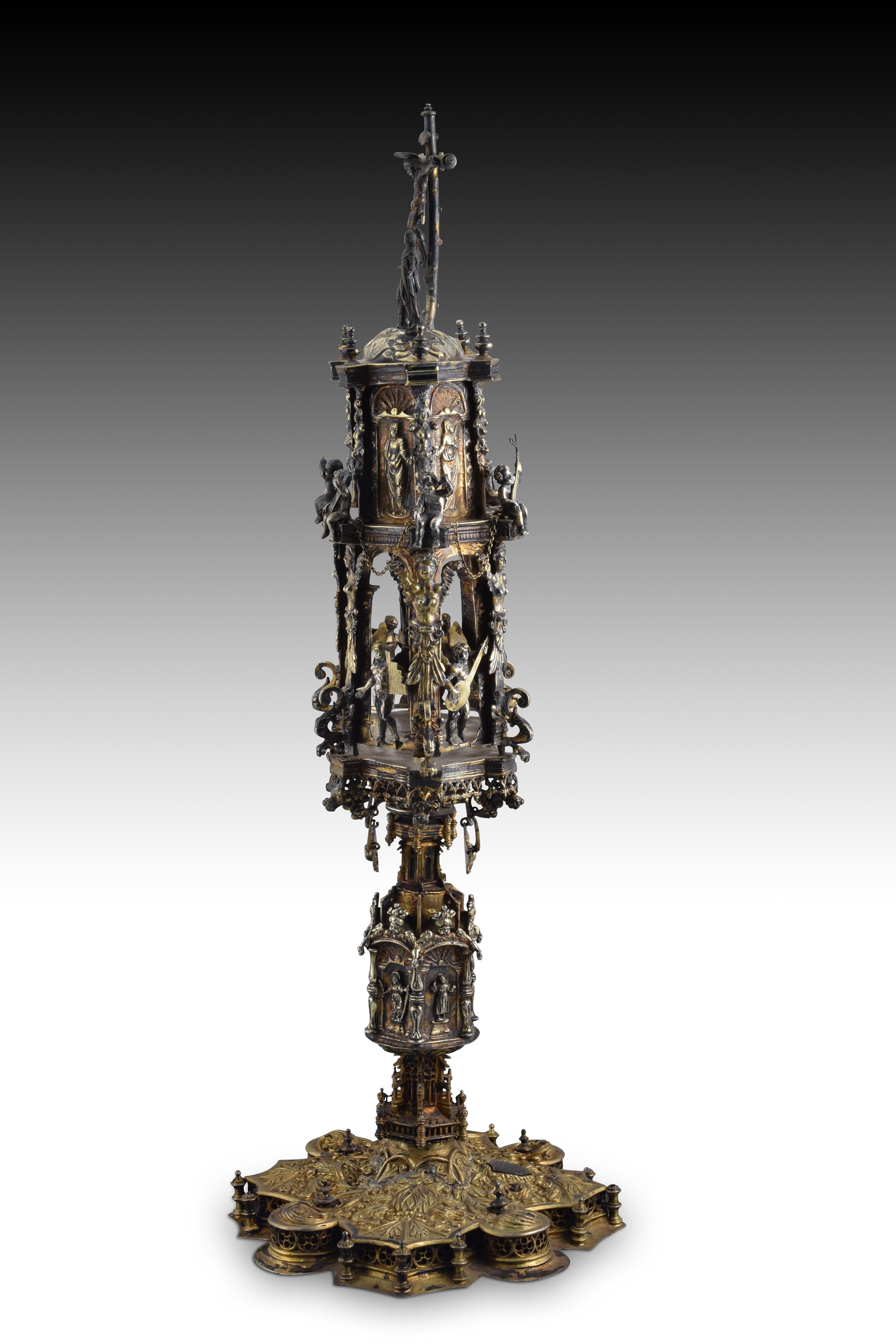 Ostensoir (type temple). Argent. Espagne, 16e siècle avec restaurations. Bon état - En vente à Madrid, ES