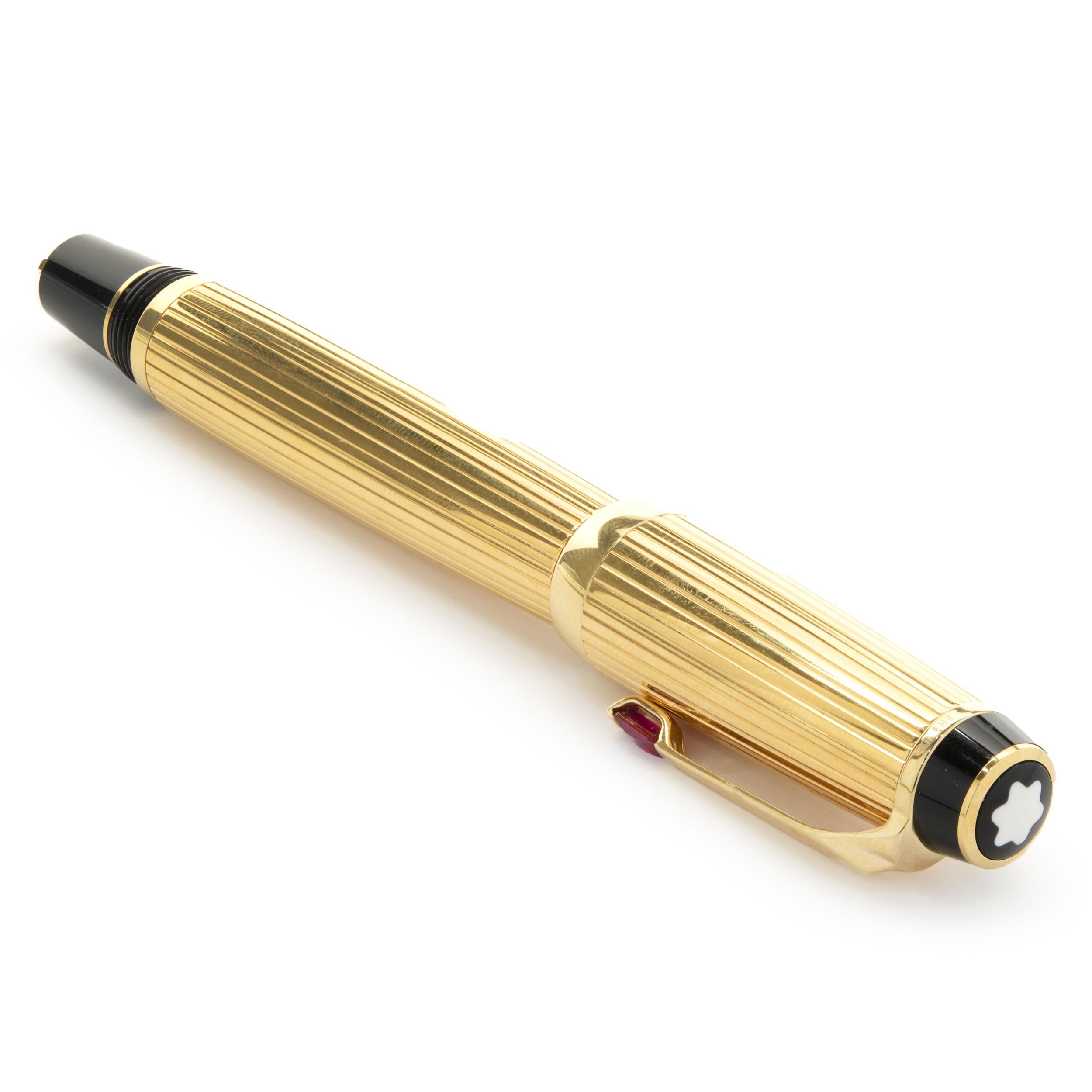 This pen is made by Mont Blanc for the Boheme collection. The ballpoint pen is encased in gold plated brass. It comes with MontBlanc box, no papers.